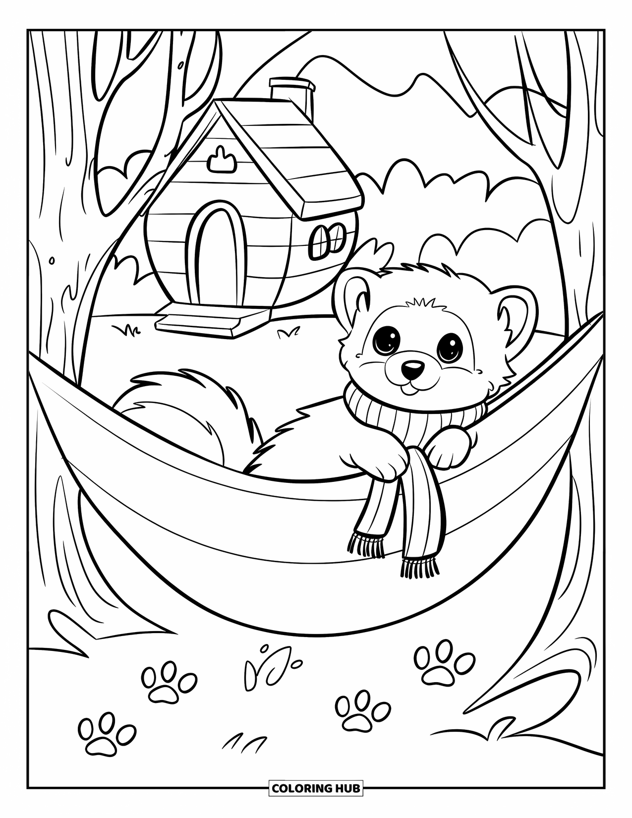 Ferret Coloring Page for Kids: A scarfed ferret lounges in a hammock with paw prints and a cabin nearby