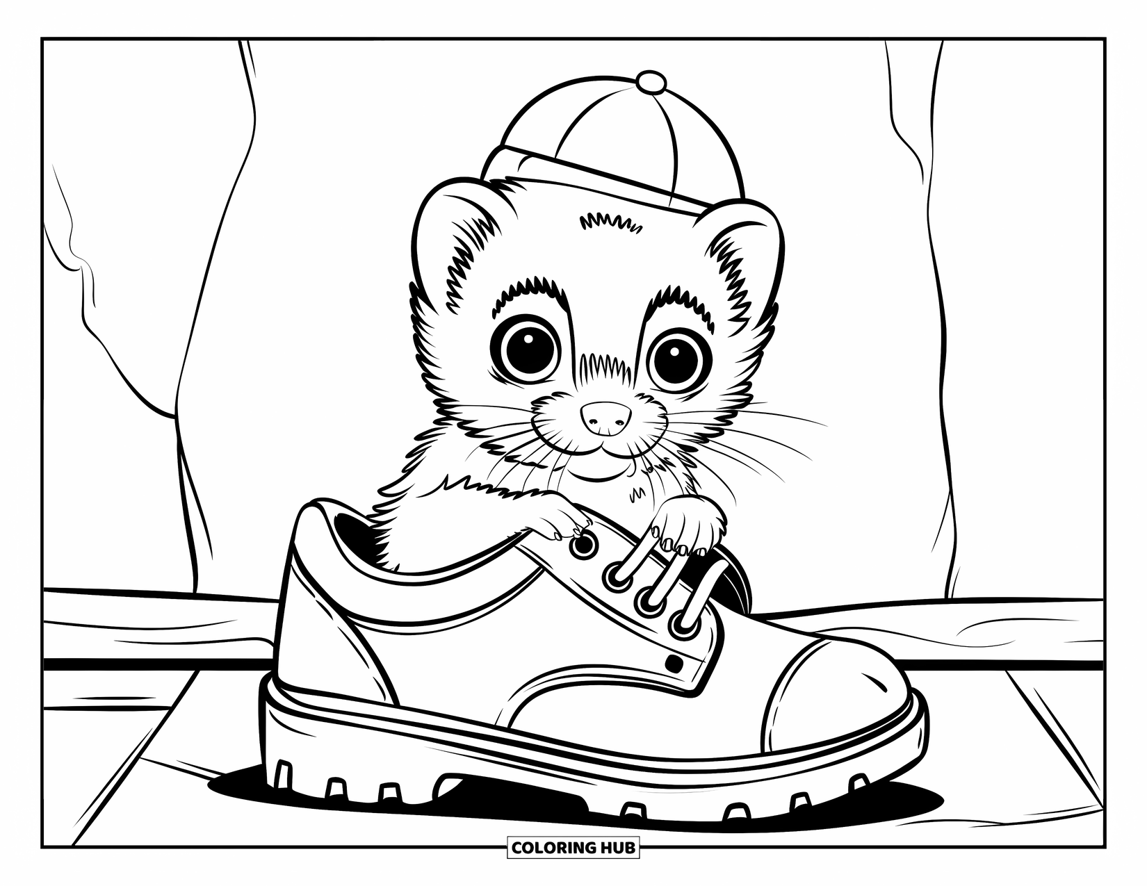 Ferret Coloring Page for Kids: A tiny-hat ferret peeks from a shoe by a cracked white wall
