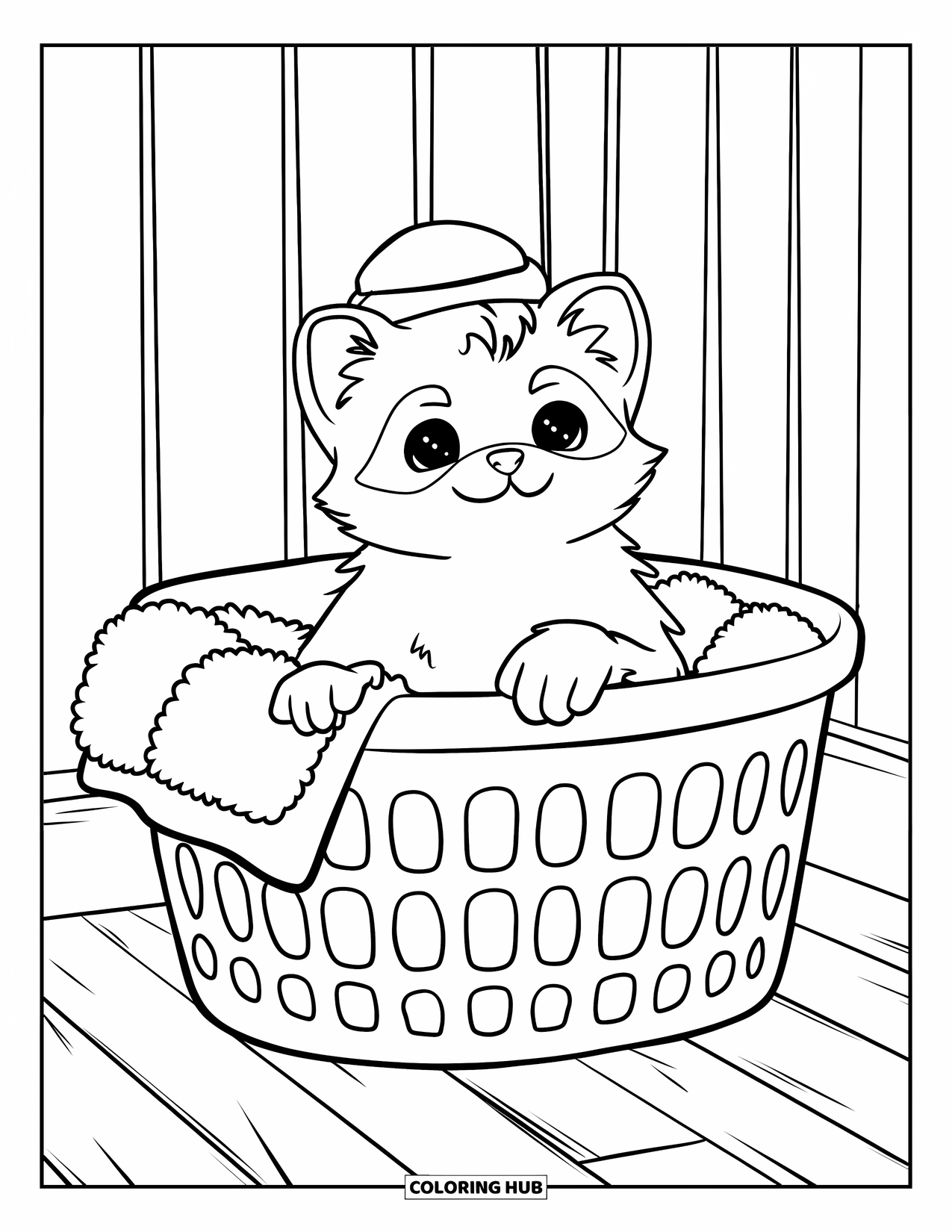 Ferret Coloring Page for Kids: A tiny-hat ferret sits in a towel-filled laundry basket on a wood floor