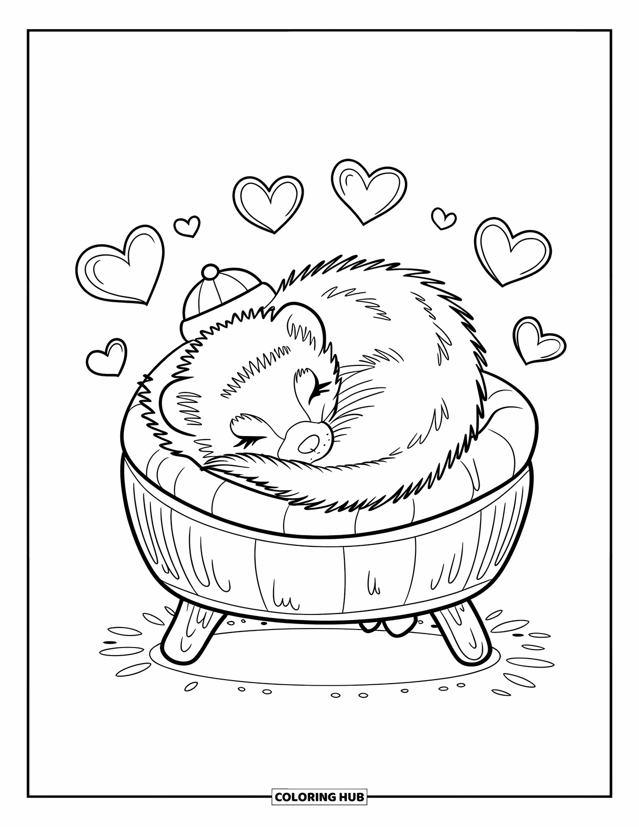 Ferret Coloring Page for Kids: A tiny-hat ferret sleeps in a bed with hearts all around