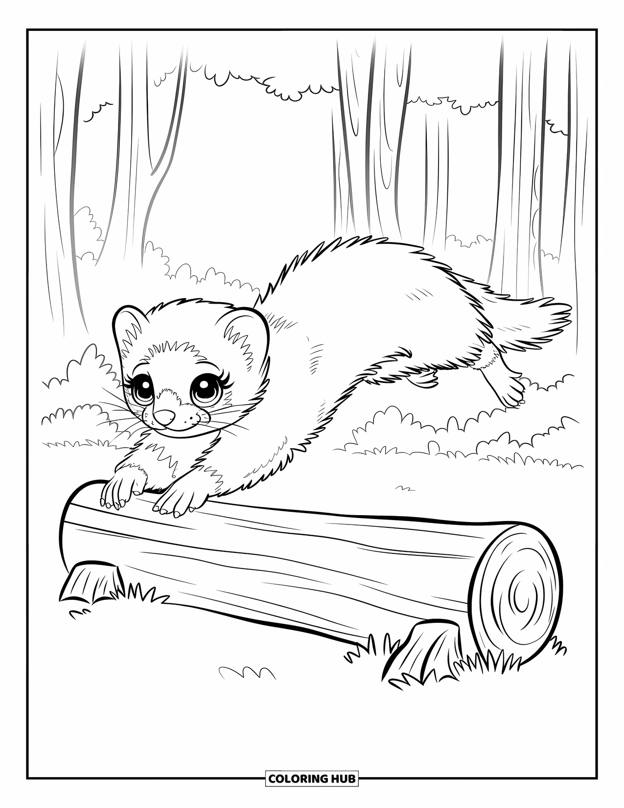 Ferret Coloring Page for Kids: A wide-eyed ferret leaps over a log in a forest with trees and soft sky