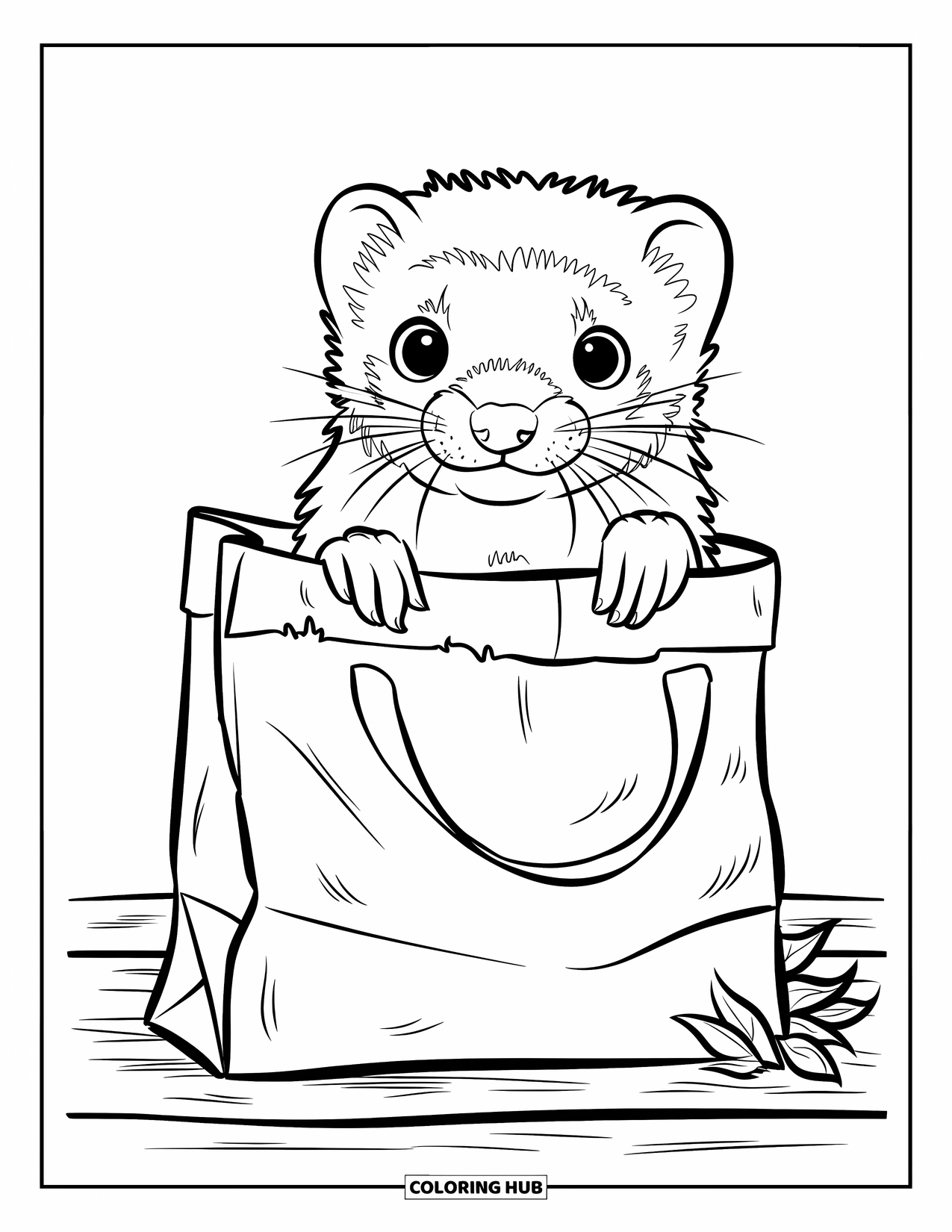 Ferret Coloring Page for Kids: A wide-eyed ferret peeks from a paper bag on a wooden surface