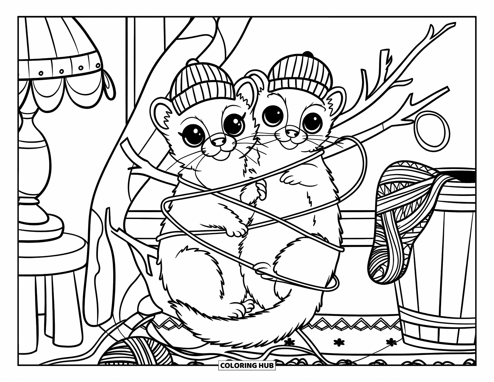 Ferret Coloring Page for Kids: Ferrets with cute hats play in yarn near a lamp and bucket in a cozy room