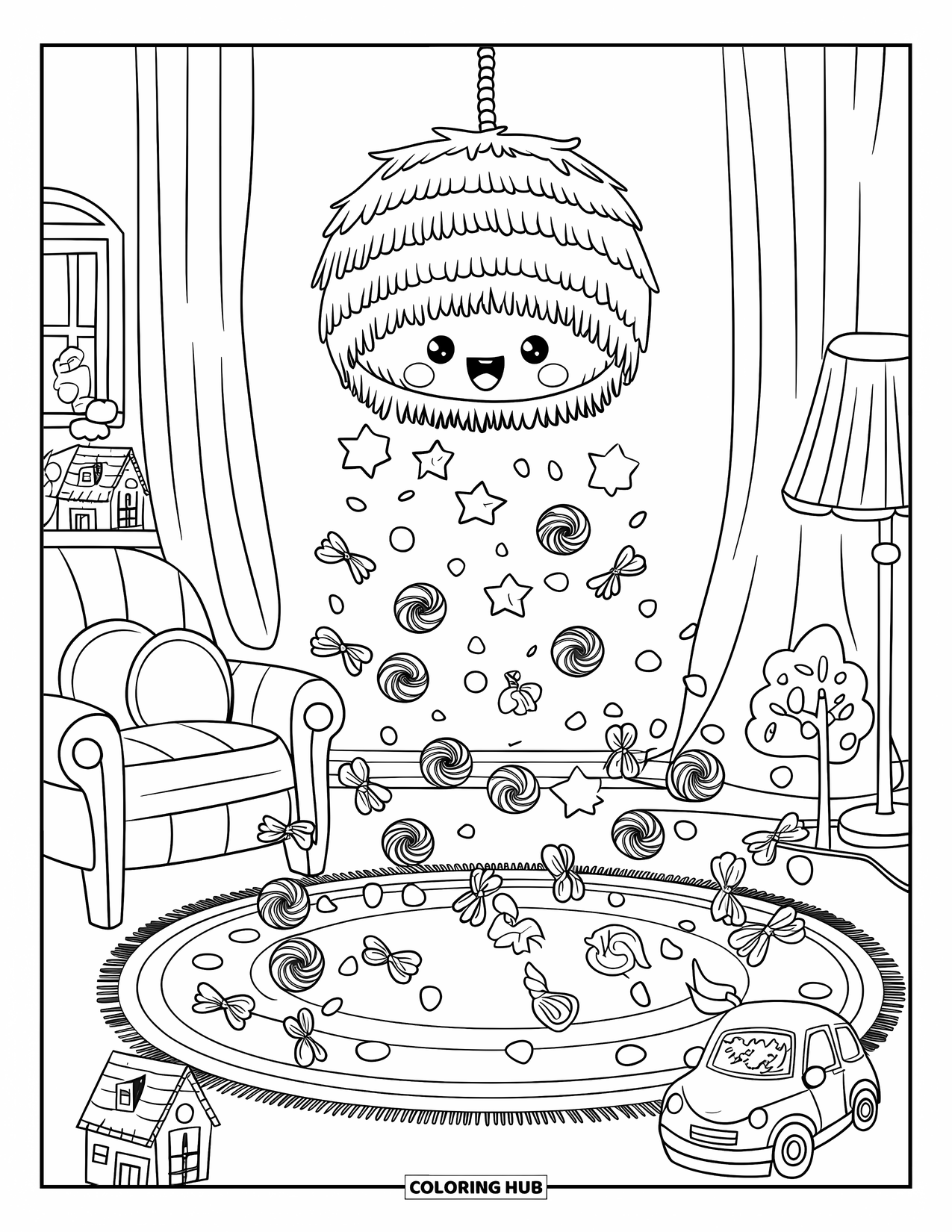Fiesta Coloring Page for Adults: Candy rains from a bursting piñata onto a cozy room with playful little details