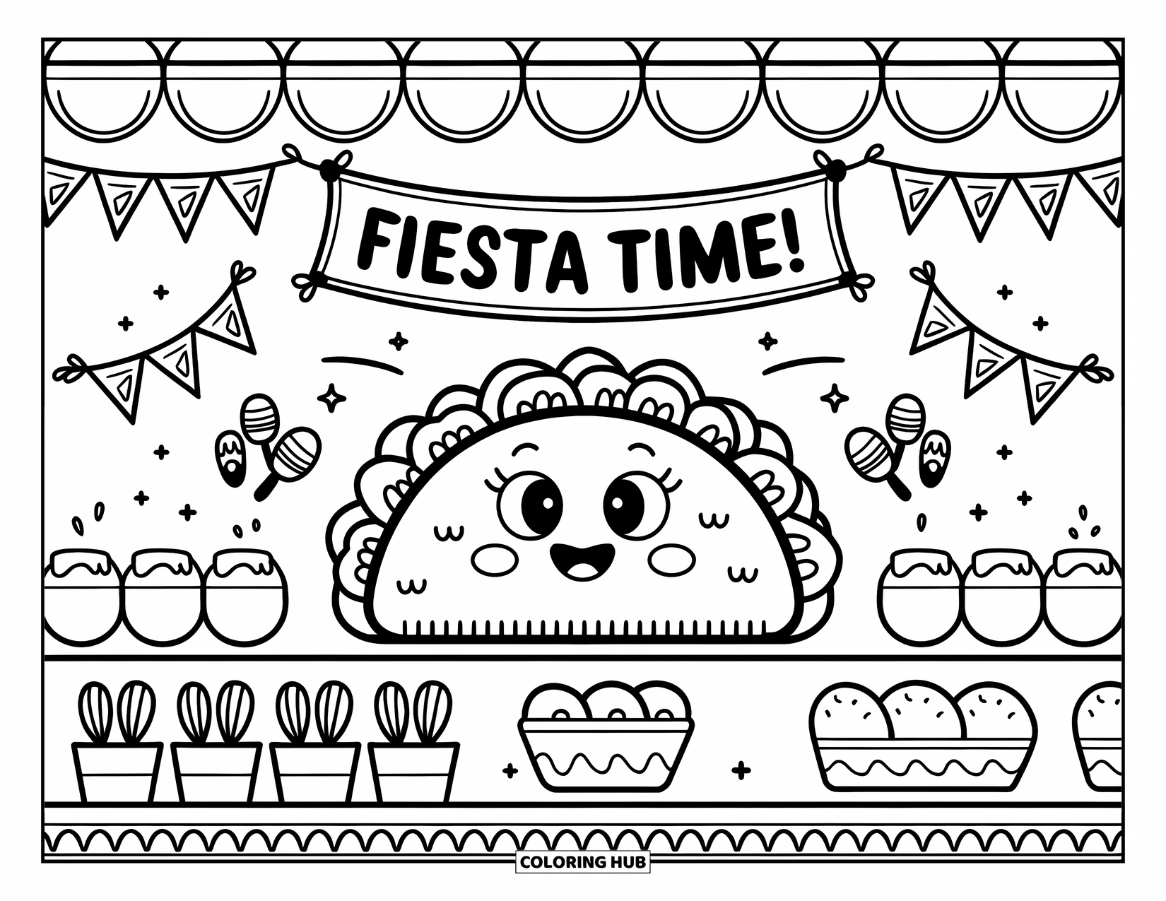 Fiesta Coloring Page for Adults: Cheerful taco character stands at a food stall with churros, maracas, and bunting flags