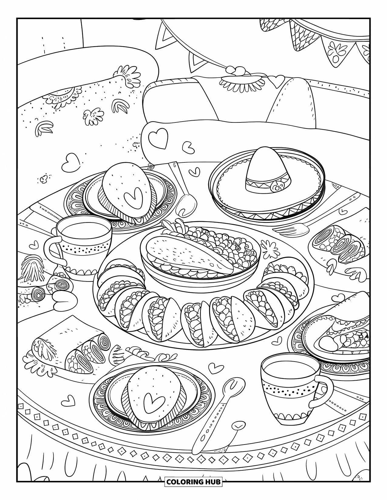 Fiesta Coloring Page for Adults: Festive tabletop spread with tacos, mini cakes, mugs, and cute confetti decorations