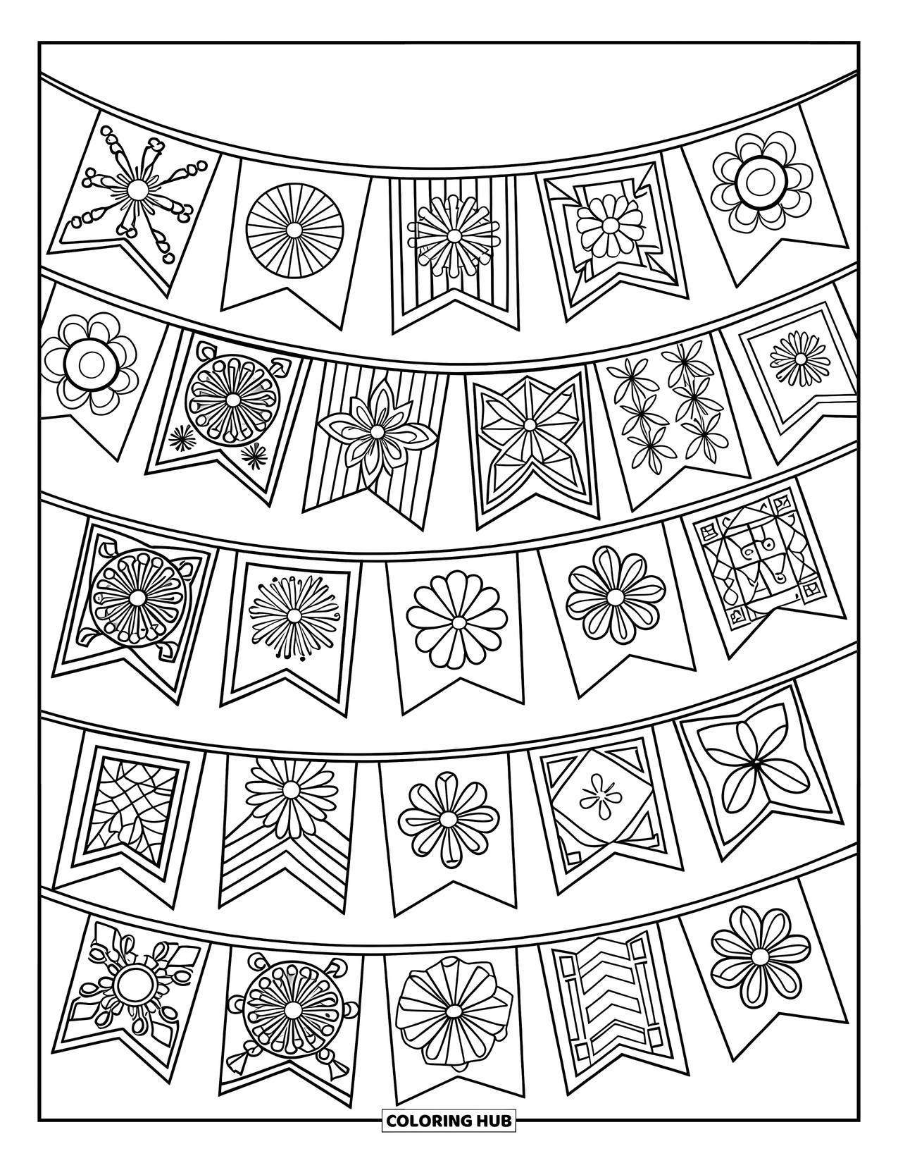 Fiesta Coloring Page for Adults: Fiesta flag garland with unique floral and geometric patterns in a layered arrangement