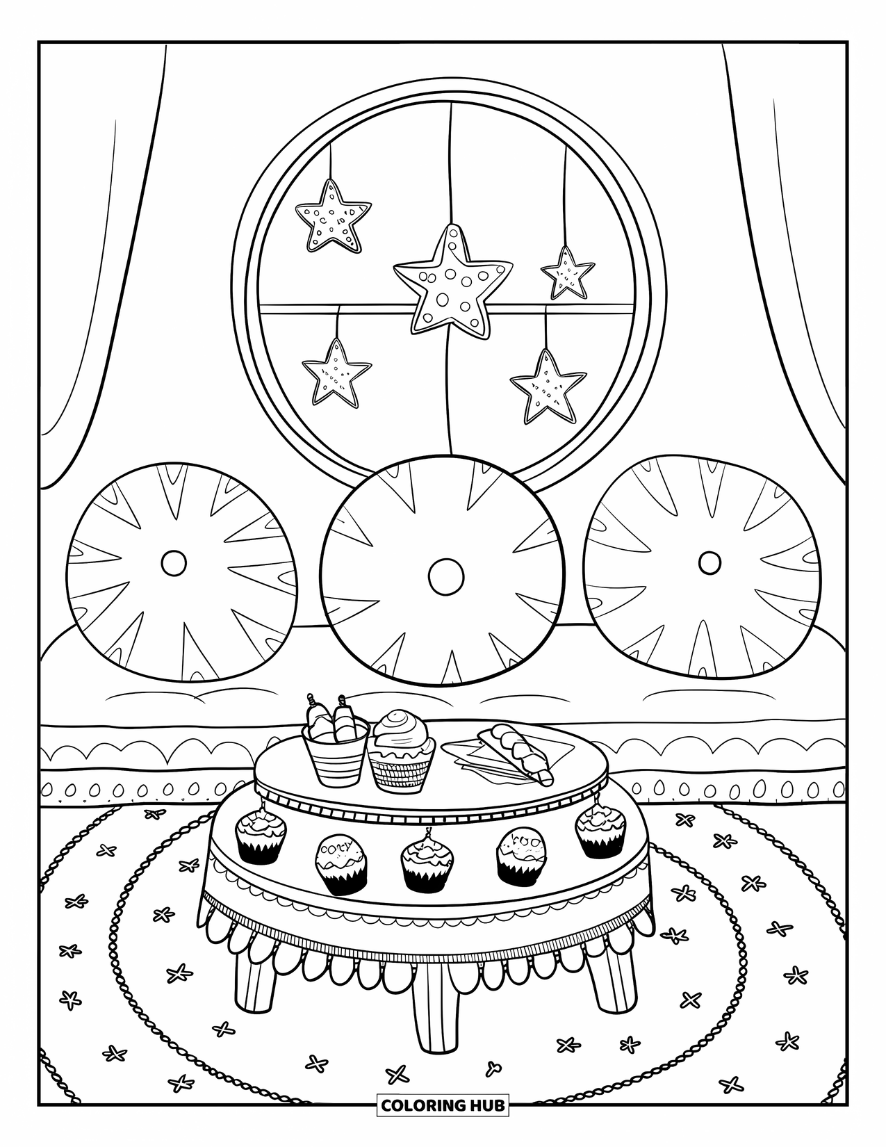 Fiesta Coloring Page for Adults: Indoor fiesta nook with pillows, treats, and piñatas outside a round window