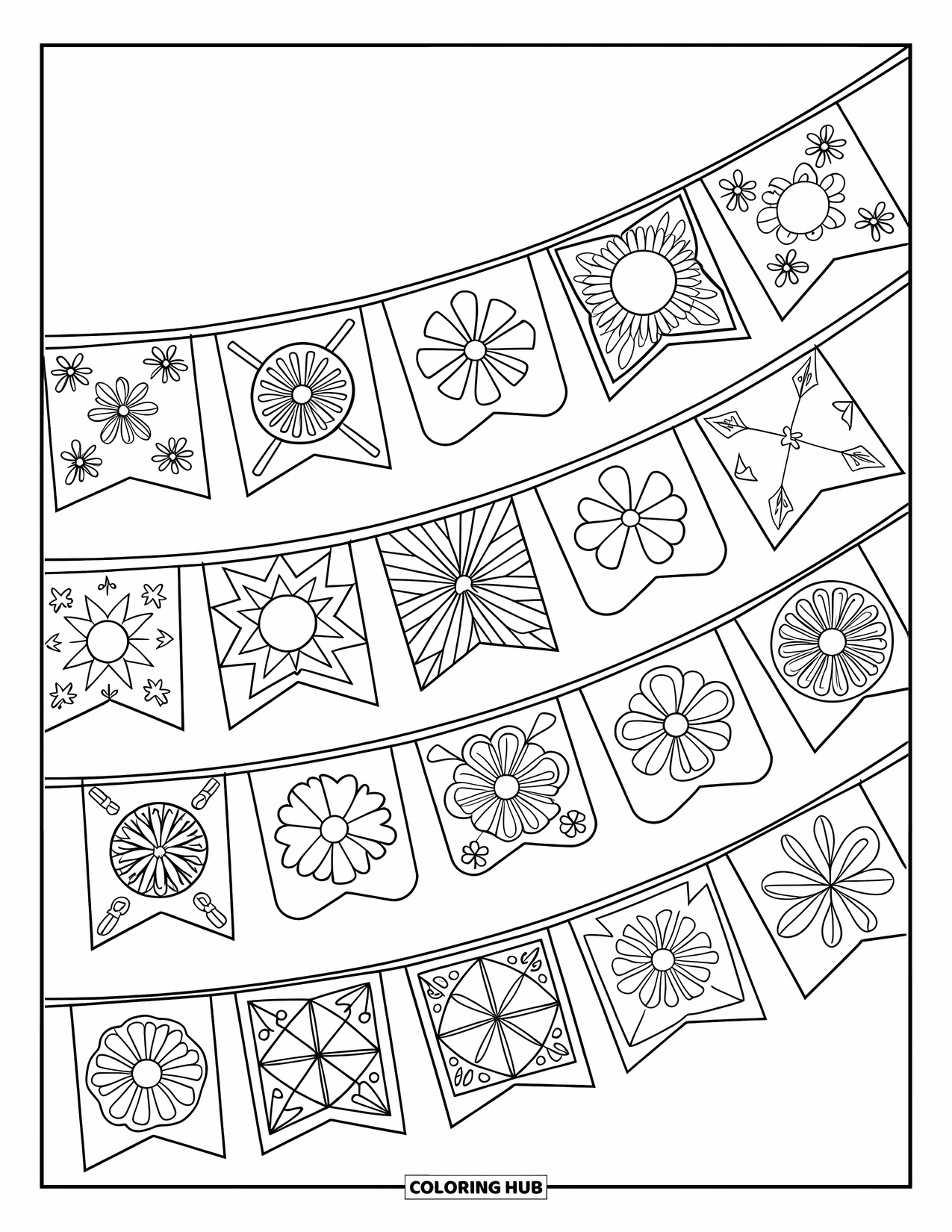 Fiesta Coloring Page for Adults: Layered fiesta flags featuring floral and geometric patterns arranged in a spiral