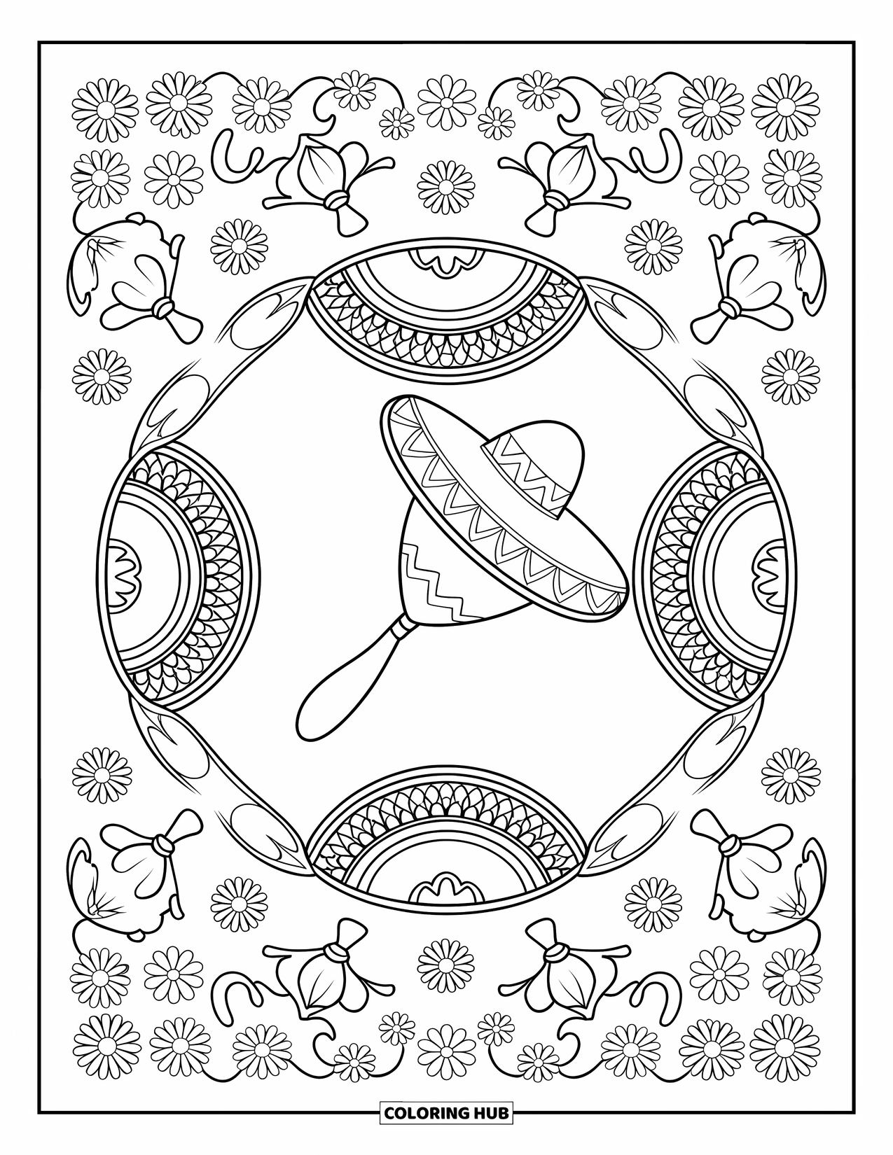 Fiesta Coloring Page for Adults: Maraca and sombrero mandala surrounded by floral patterns and layered maracas and hats