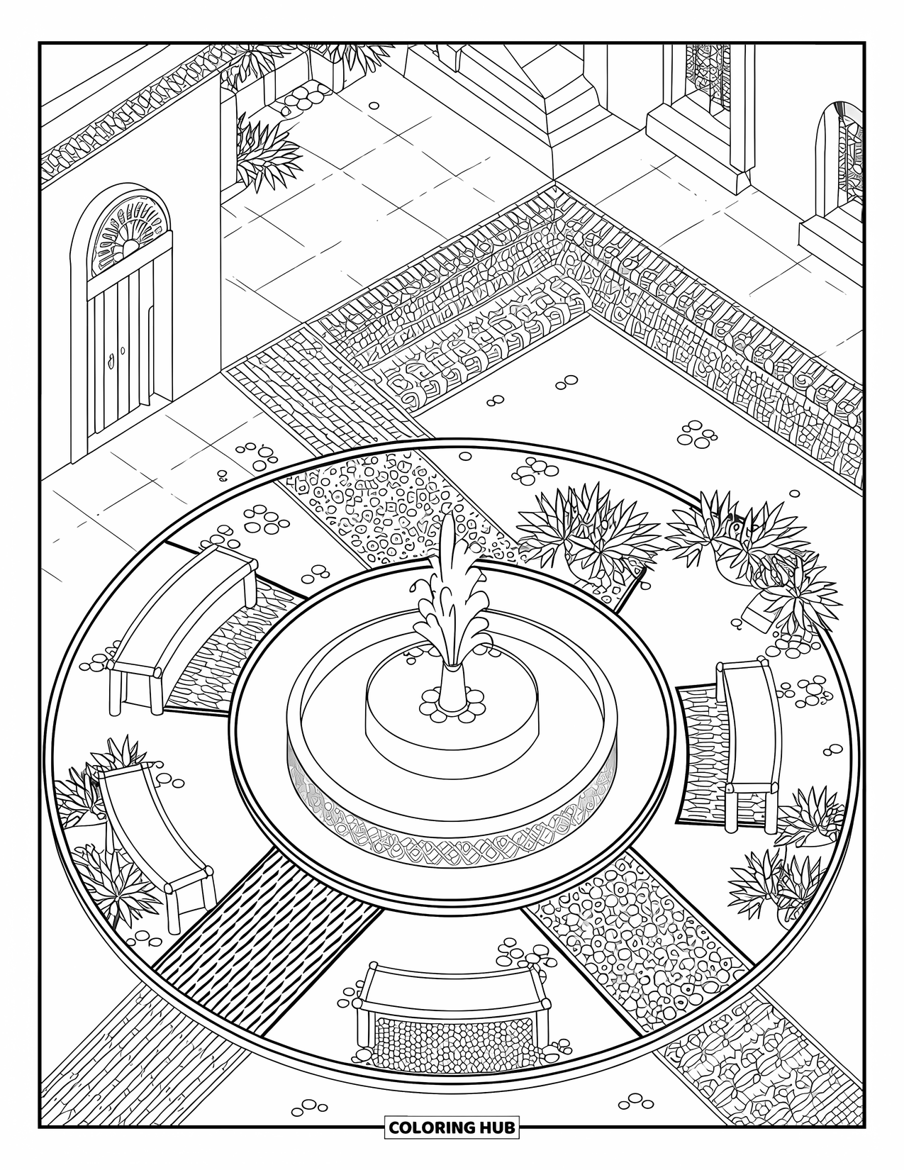 Fiesta Coloring Page for Adults: Overhead view of a tiled plaza with fountain, arches, plants, and decorative walls