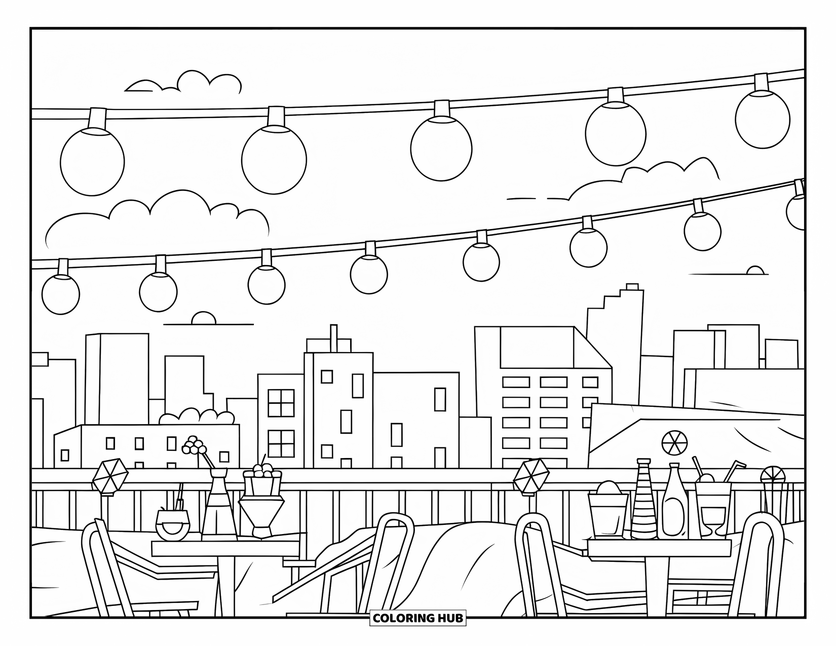 Fiesta Coloring Page for Adults: Rooftop view of a lively fiesta with string lights, drinks, and city skyline