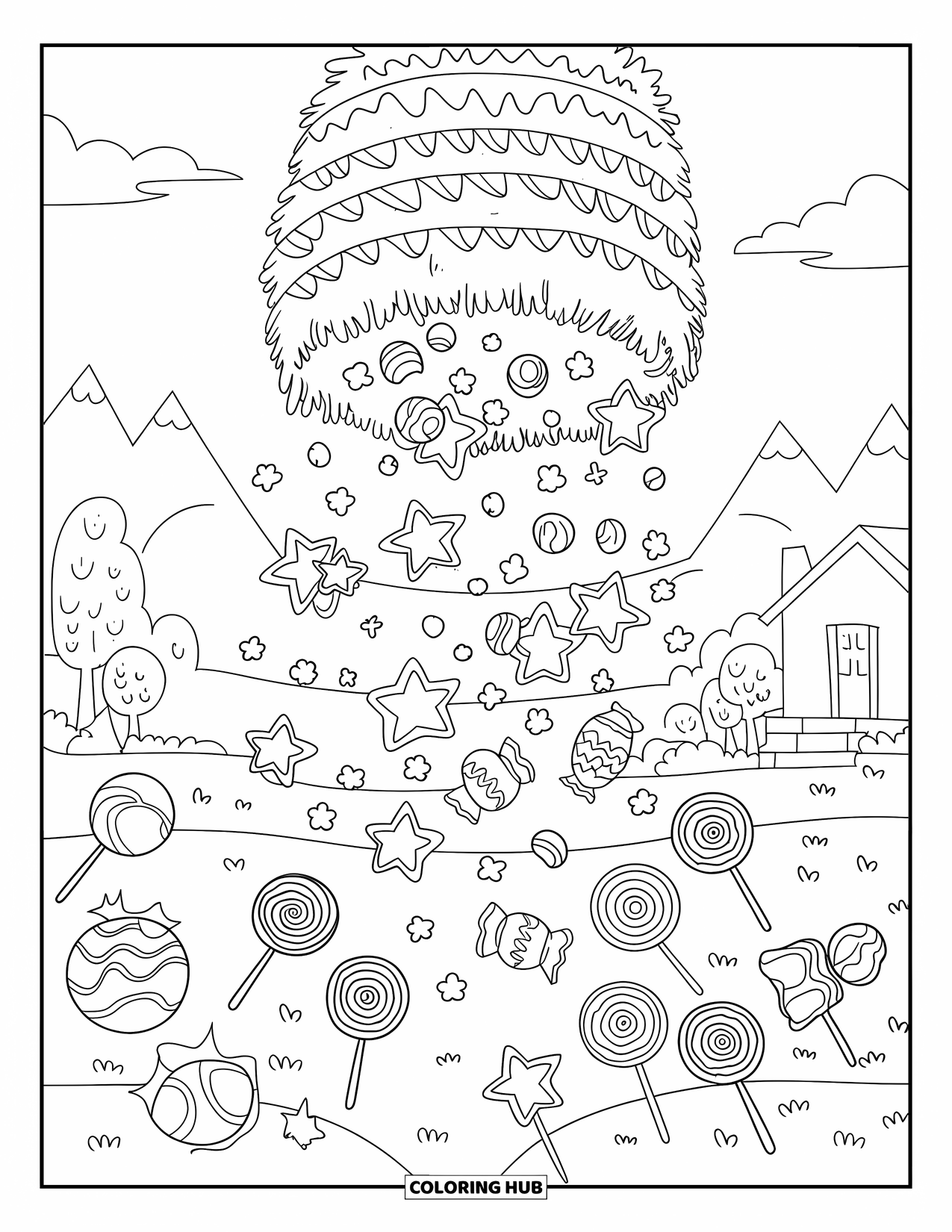 Fiesta Coloring Page for Adults: Star candies and lollipops fall from a piñata above a calm mountain scene