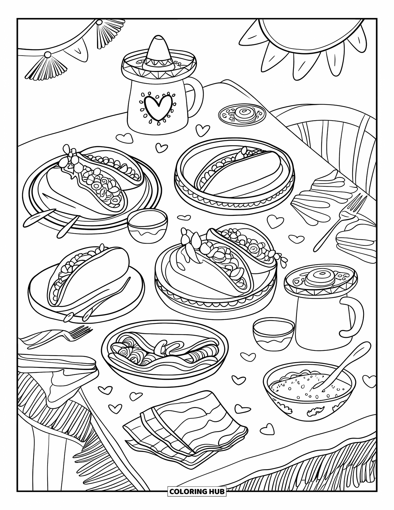 Fiesta Coloring Page for Adults: Tacos, burritos, and sweet treats fill a circular table with playful fiesta decor