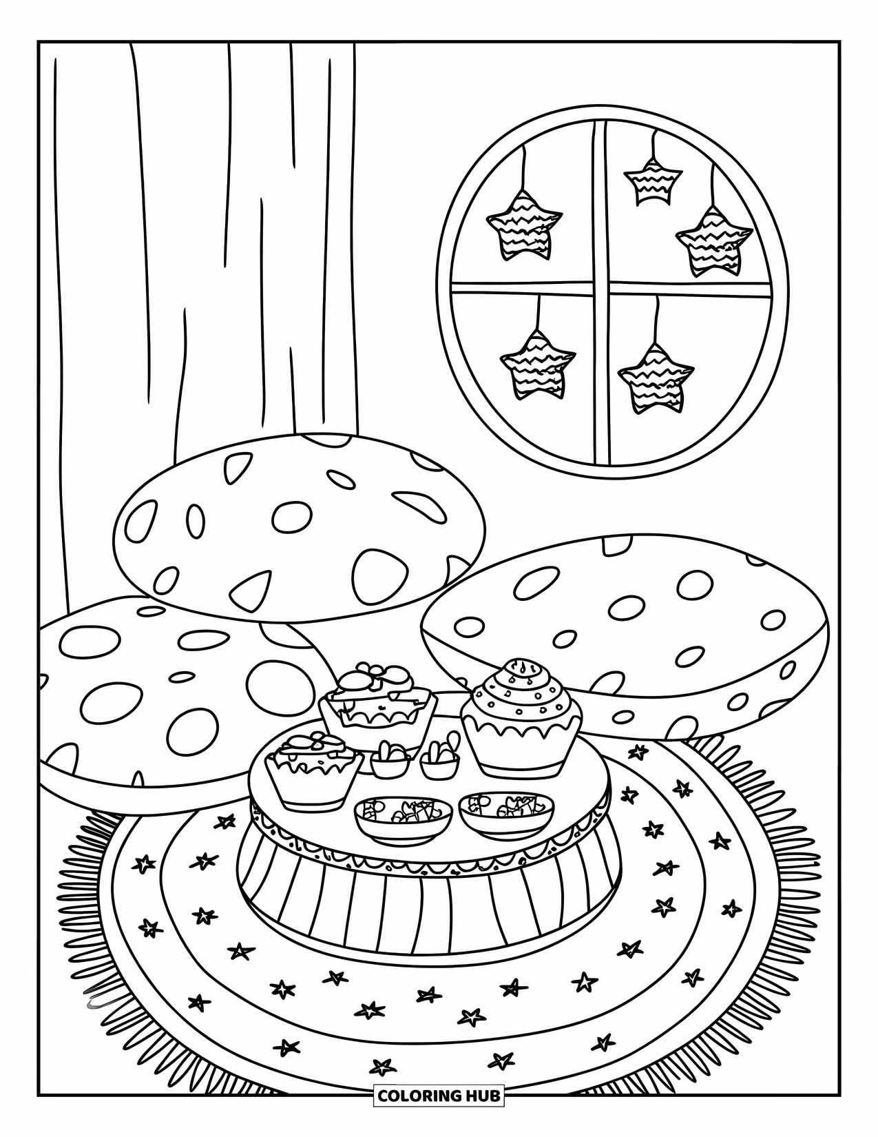 Fiesta Coloring Page for Adults: Three pillows and maraca cupcakes sit in a cozy room with a piñata view