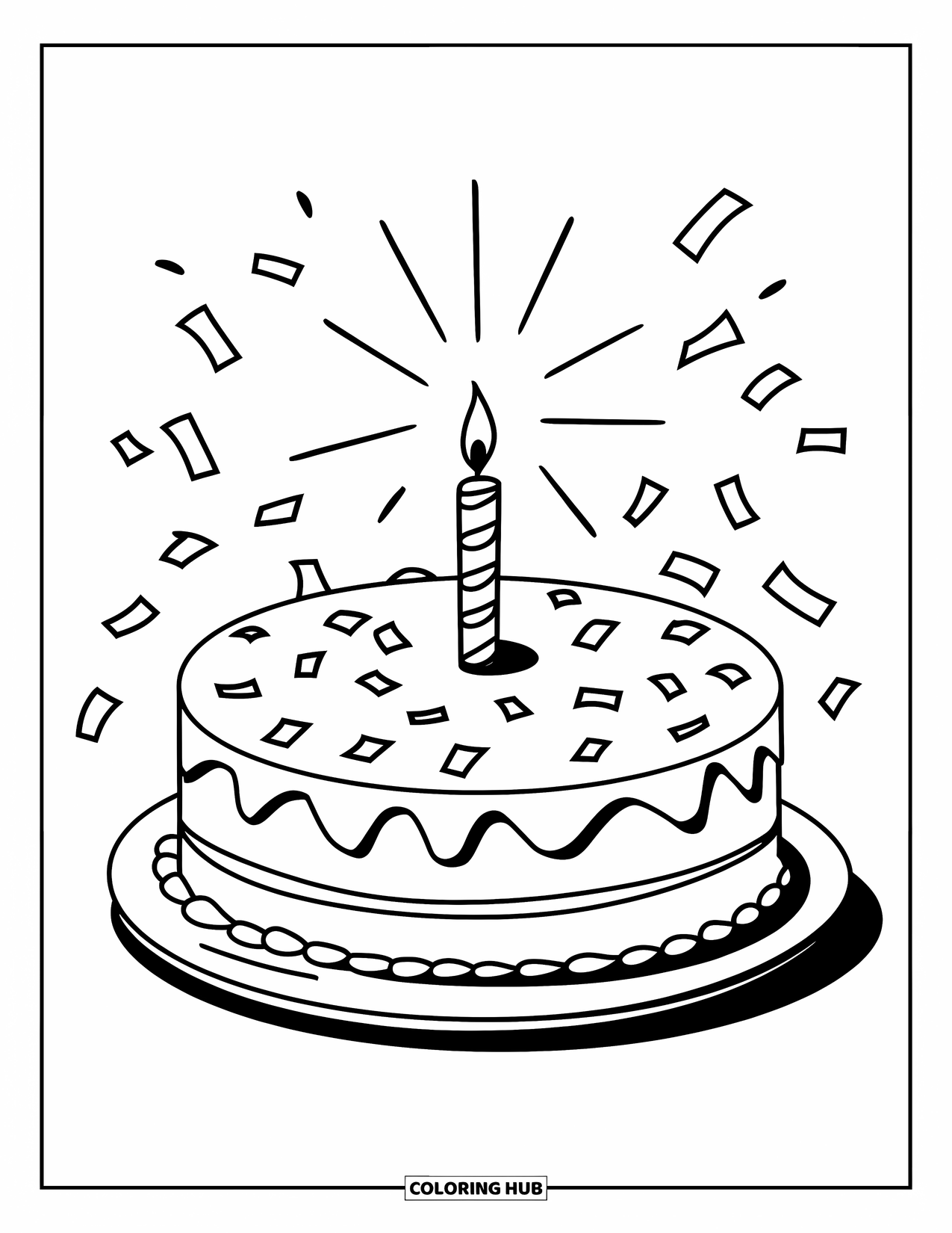 Fiesta Coloring Page for Kids: Birthday cake with sparks from one candle and confetti floating around