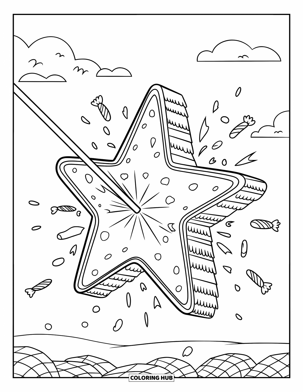 Fiesta Coloring Page for Kids: Candy flies from a star piÒata just as itís hit under a sky with clouds