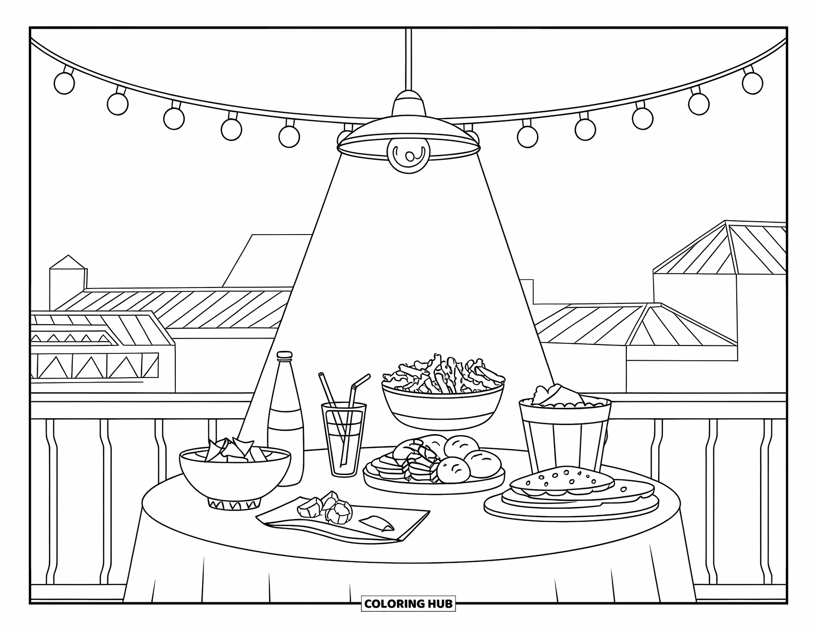 Fiesta Coloring Page for Kids: Circular table filled with snacks and drinks under rooftop lights and a city view