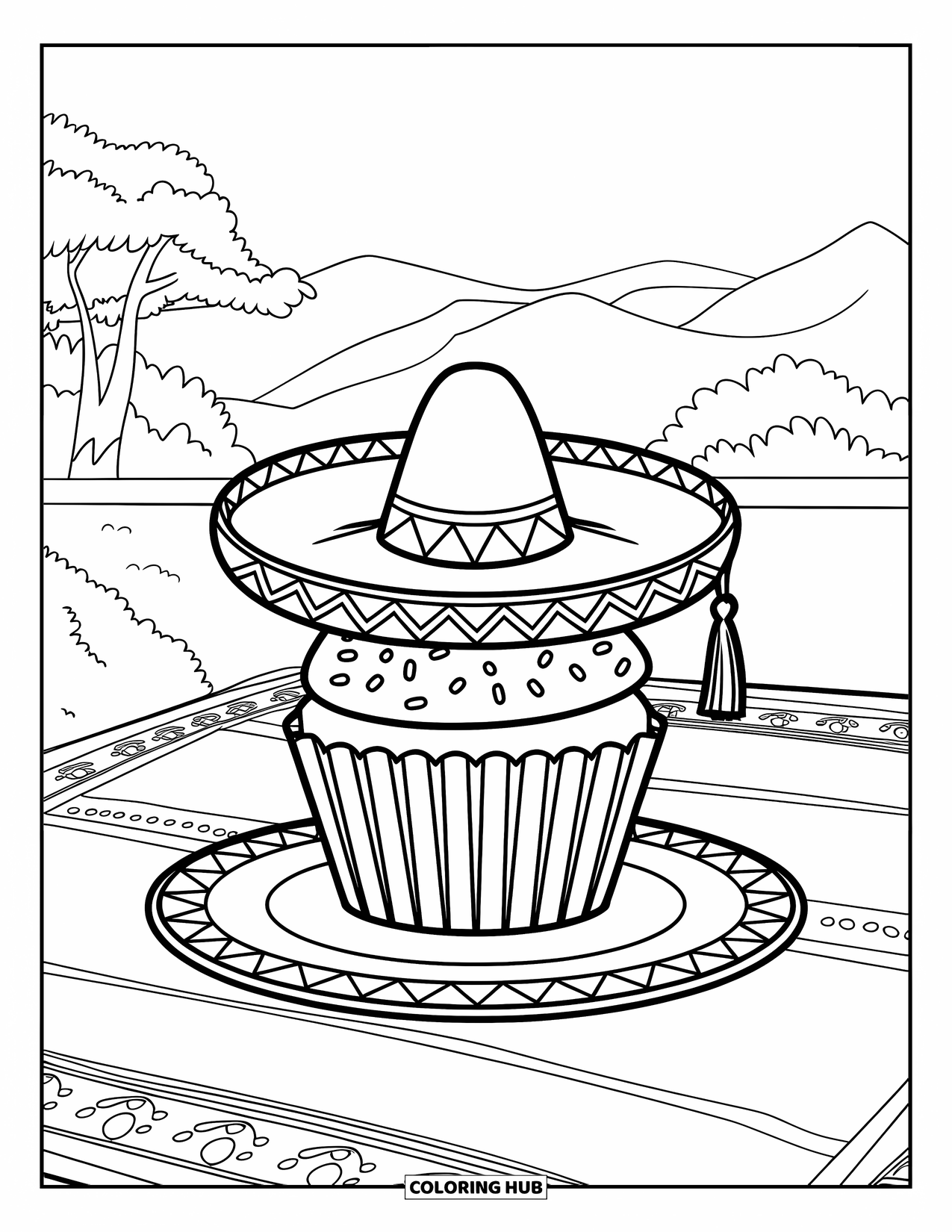 Fiesta Coloring Page for Kids: Cupcake with sprinkles and a tassel sombrero on a table near the mountains