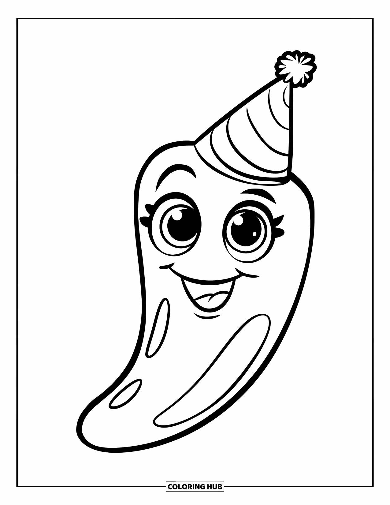 Fiesta Coloring Page for Kids: Cute chili pepper with a pom-pom party hat and a big smile
