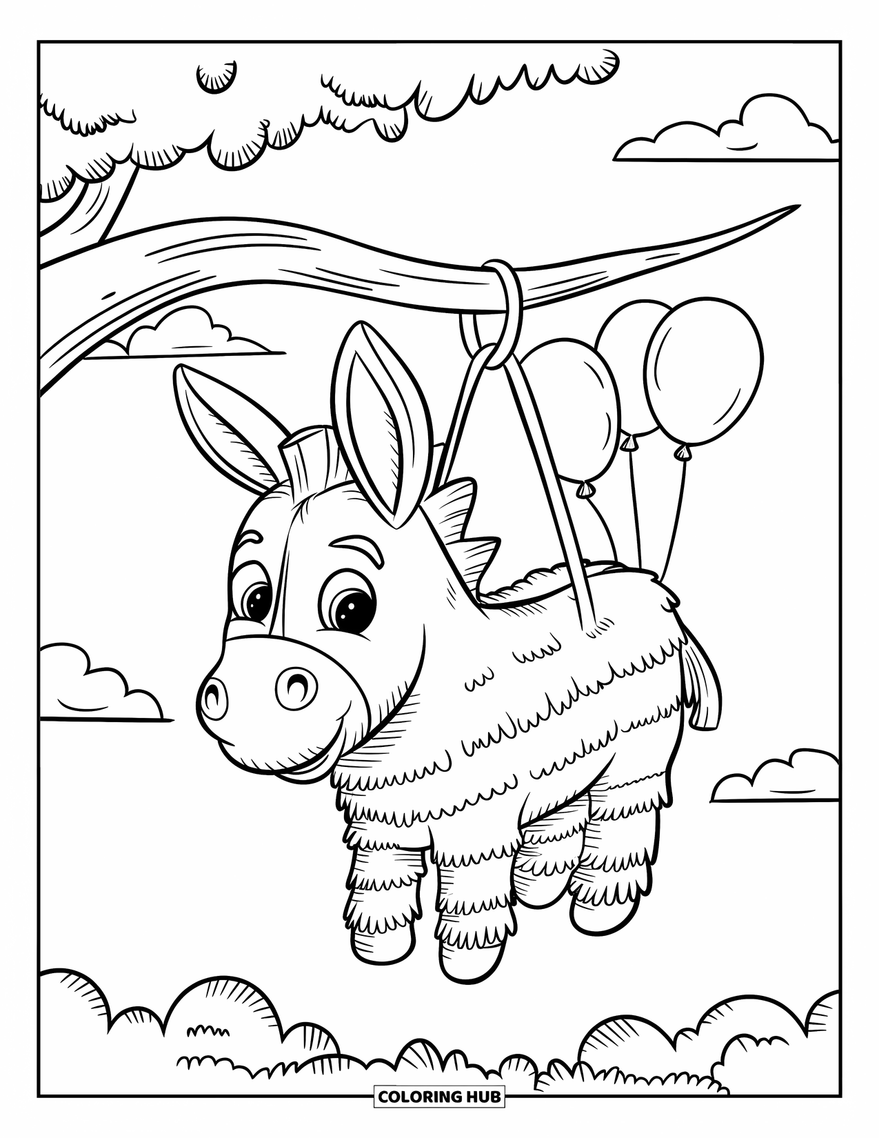 Fiesta Coloring Page for Kids: Cute donkey piÒata sways from a branch with balloons tied to the tree