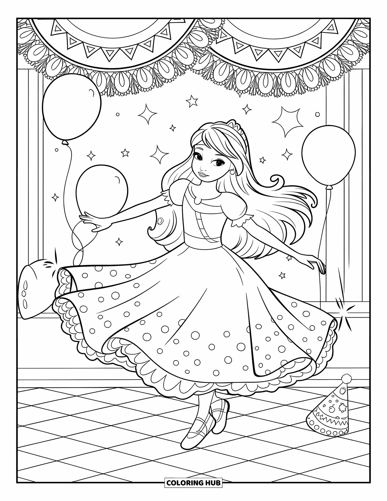 Fiesta Coloring Page for Kids: Dancing girl in a twirly dress on a checkered floor with party decorations nearby