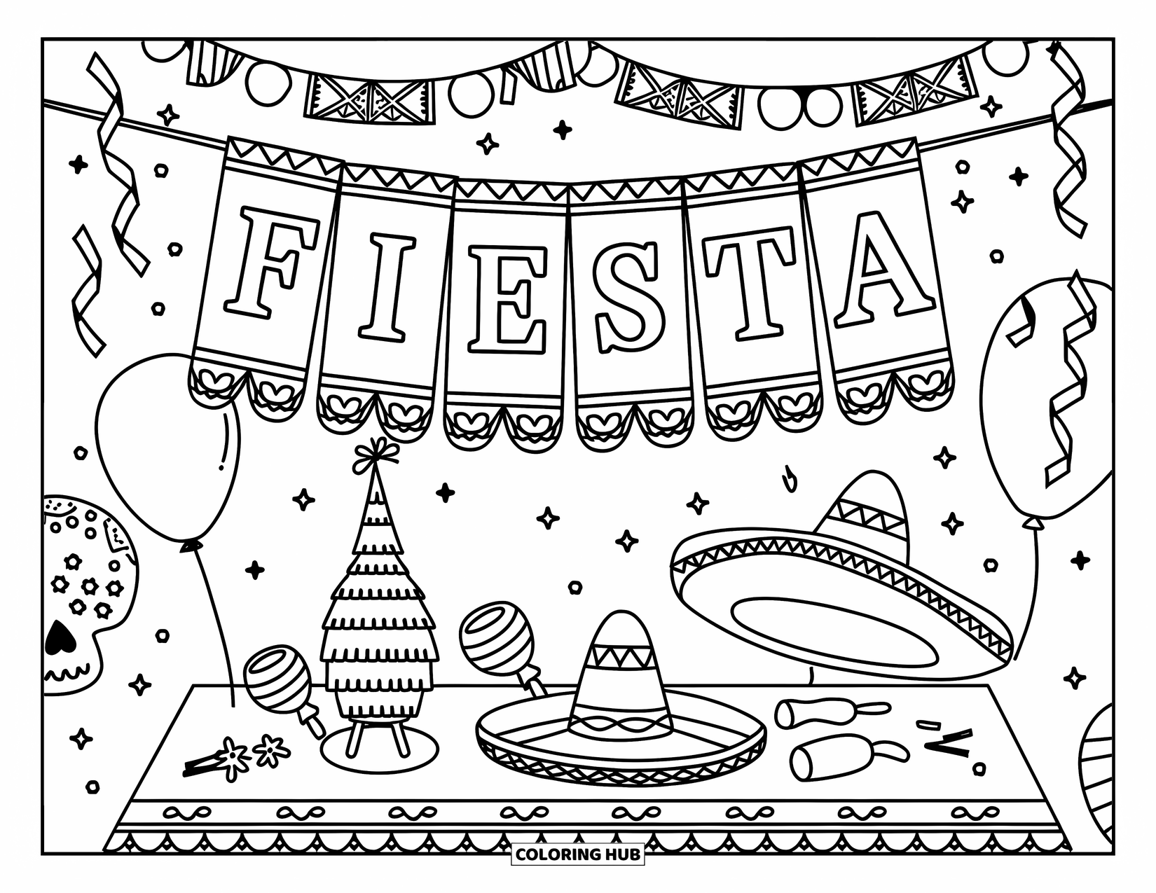 Fiesta Coloring Page for Kids: Decorated ìFIESTAî banner with balloons, streamers, sombreros, and a festive skull nearby