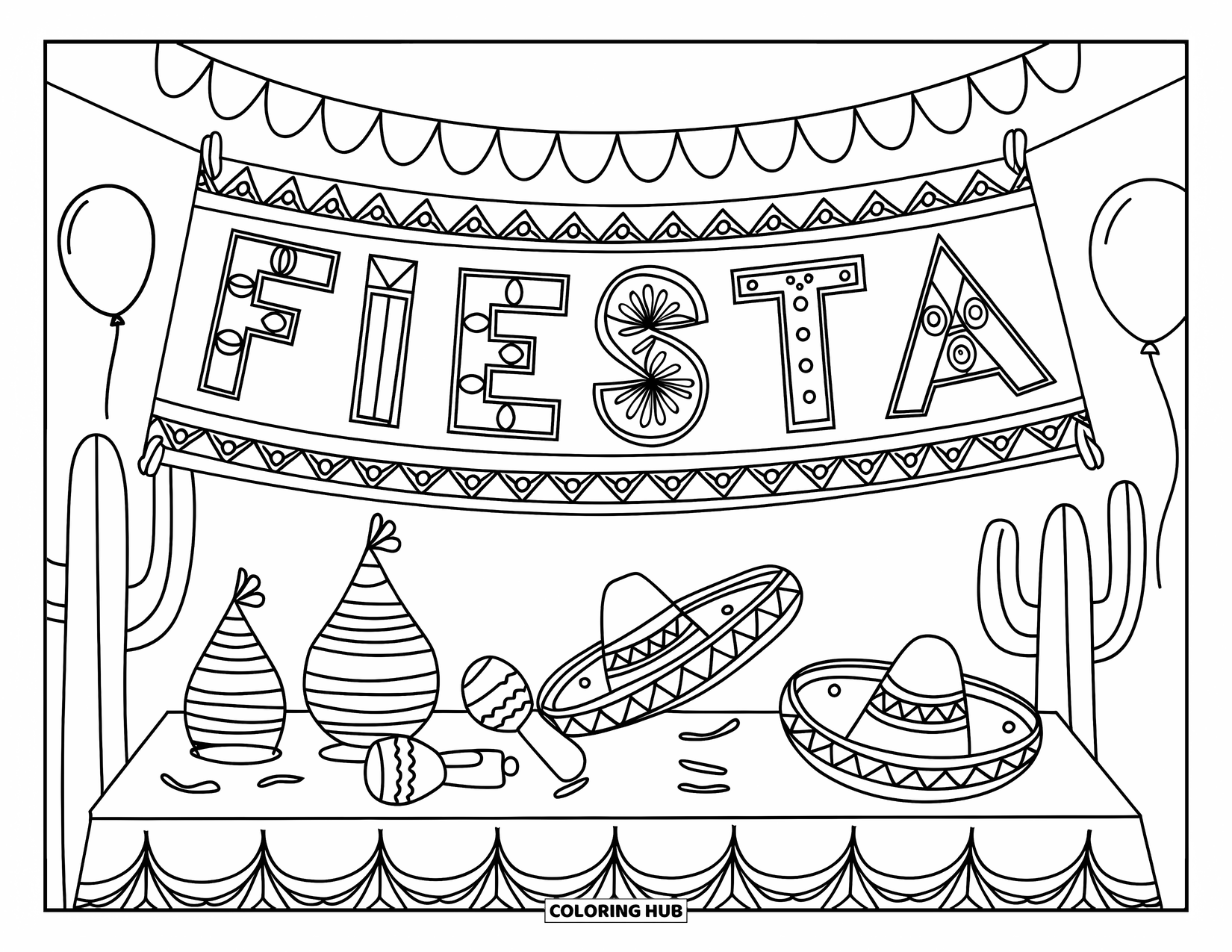 Fiesta Coloring Page for Kids: ìFIESTAî banner hangs above a table with piÒatas, maracas, balloons, and a cactus