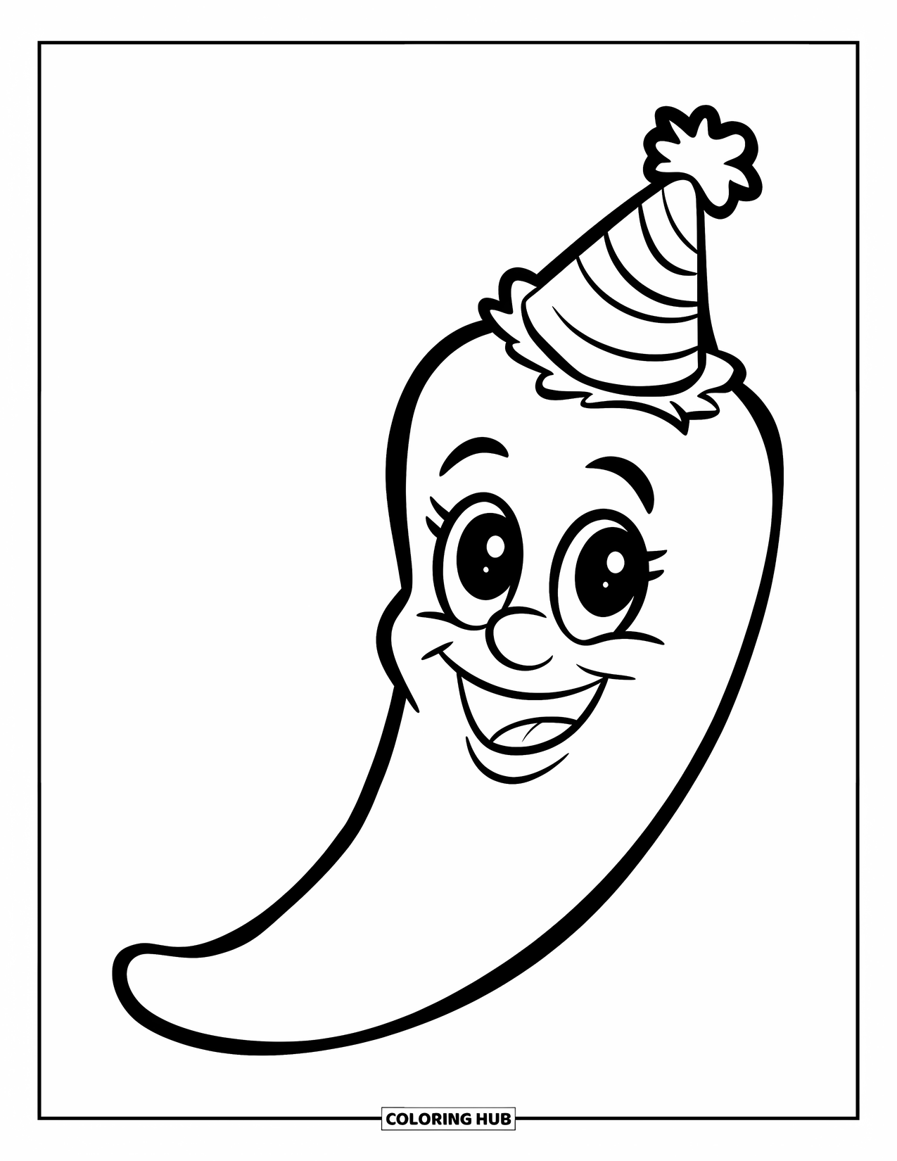 Fiesta Coloring Page for Kids: Happy chili pepper with big eyes and a tilted party hat
