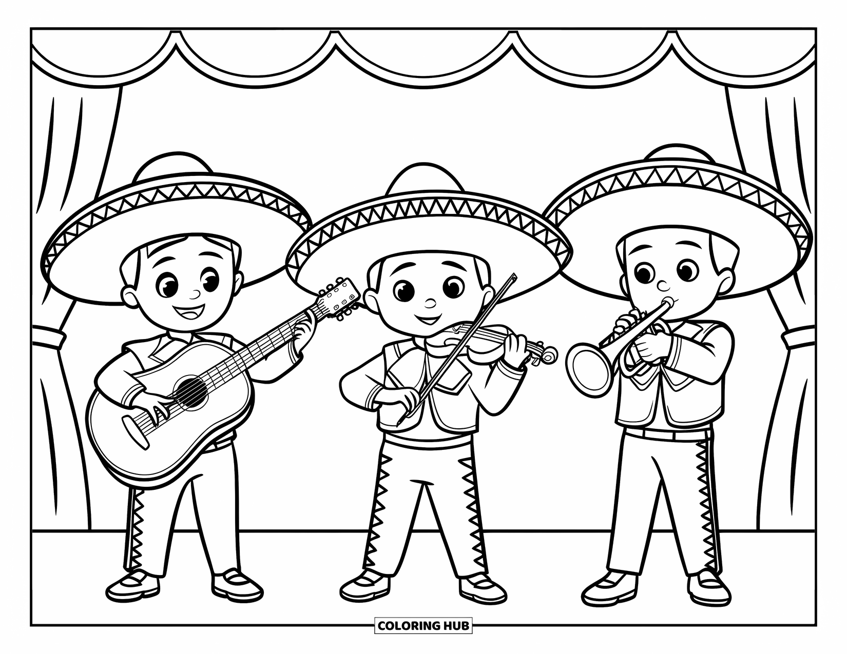 Fiesta Coloring Page for Kids: Mariachi trio of kids perform with guitar, trumpet, and violin on stage
