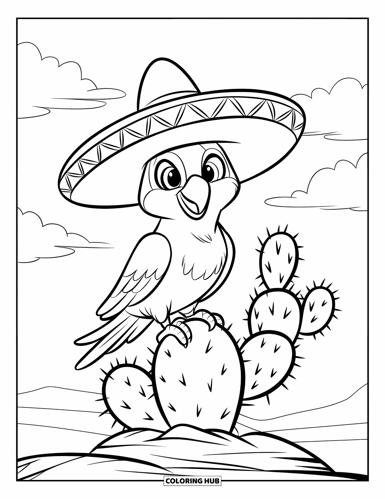 Fiesta Coloring Page for Kids: Parrot in a sombrero smiles while sitting happily on a cactus