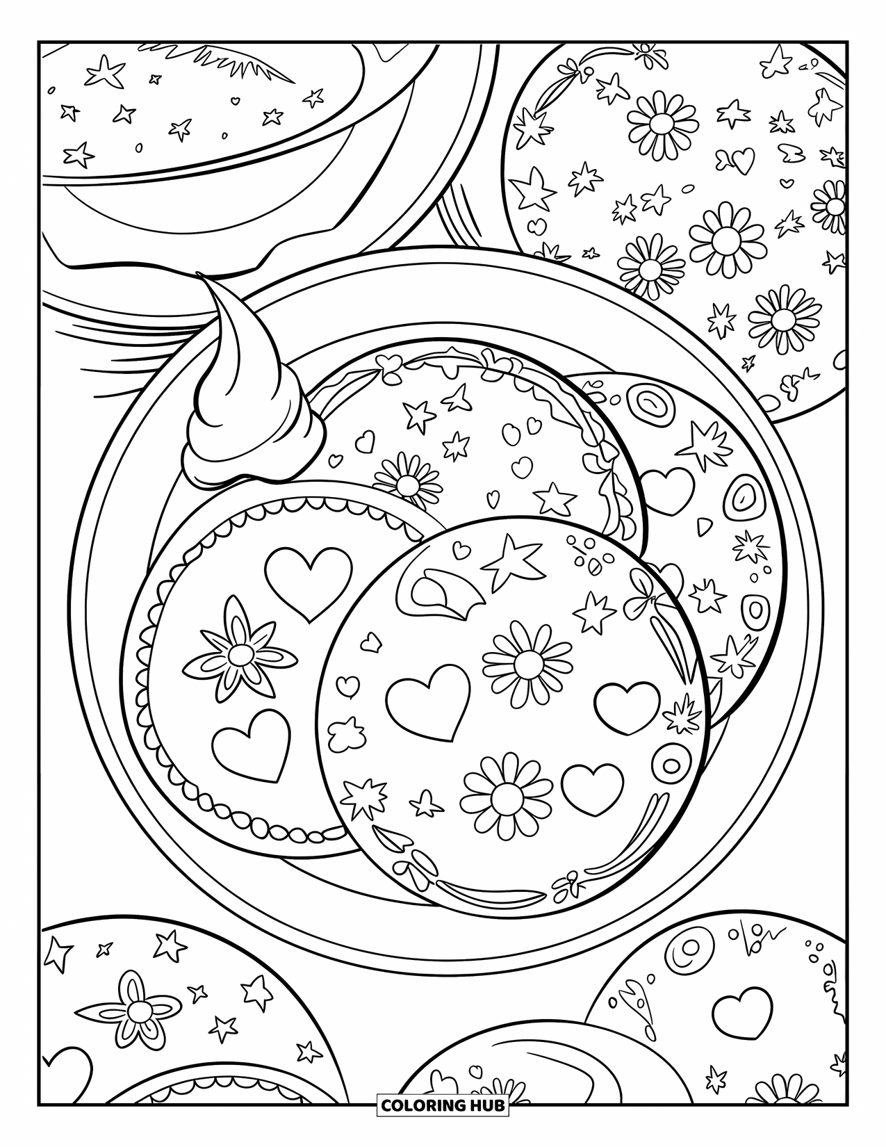 Fiesta Coloring Page for Kids: Plate of tortillas with heart and star designs beside a dollop of sour cream