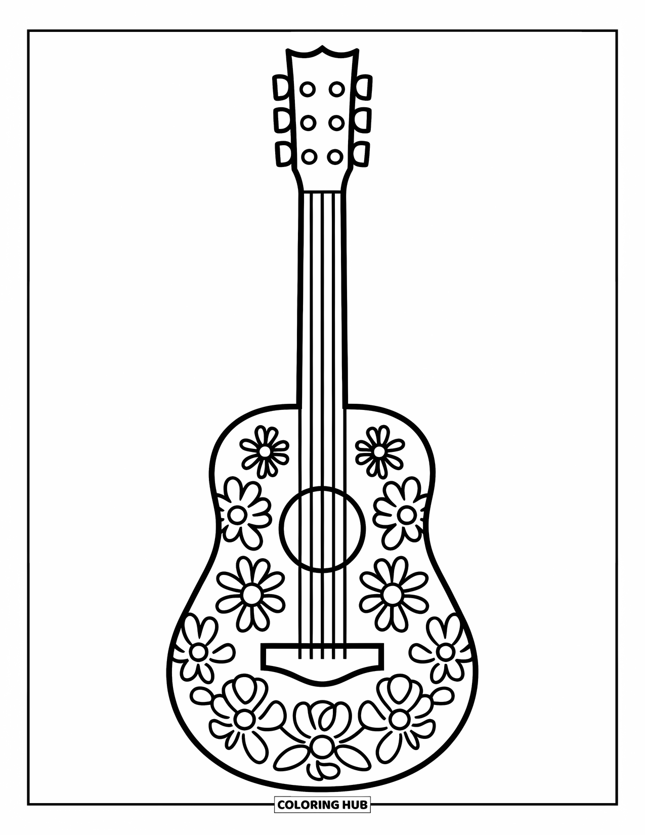 Fiesta Coloring Page for Kids: Playful guitar design with flowers across the body