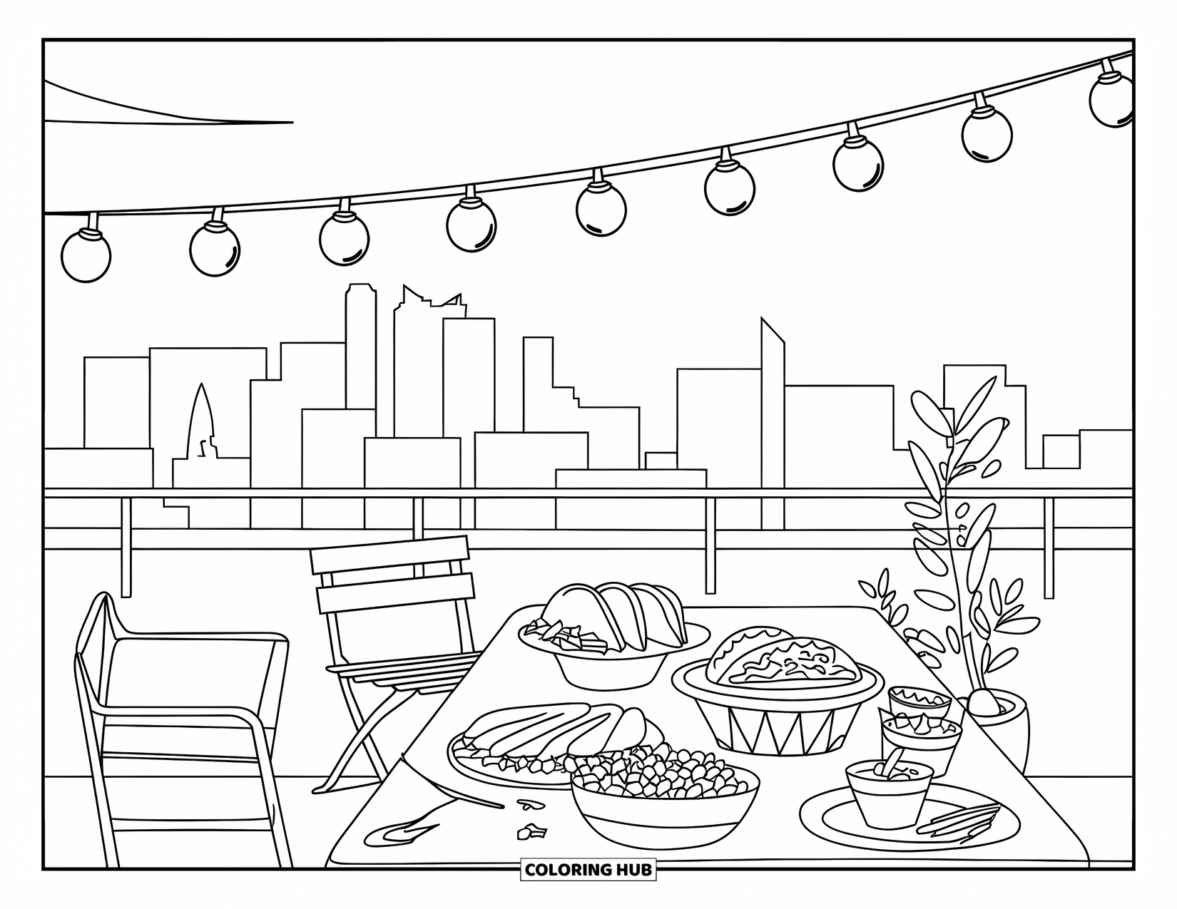 Fiesta Coloring Page for Kids: Rooftop fiesta scene with snacks, hanging lights, and city skyline in the distance