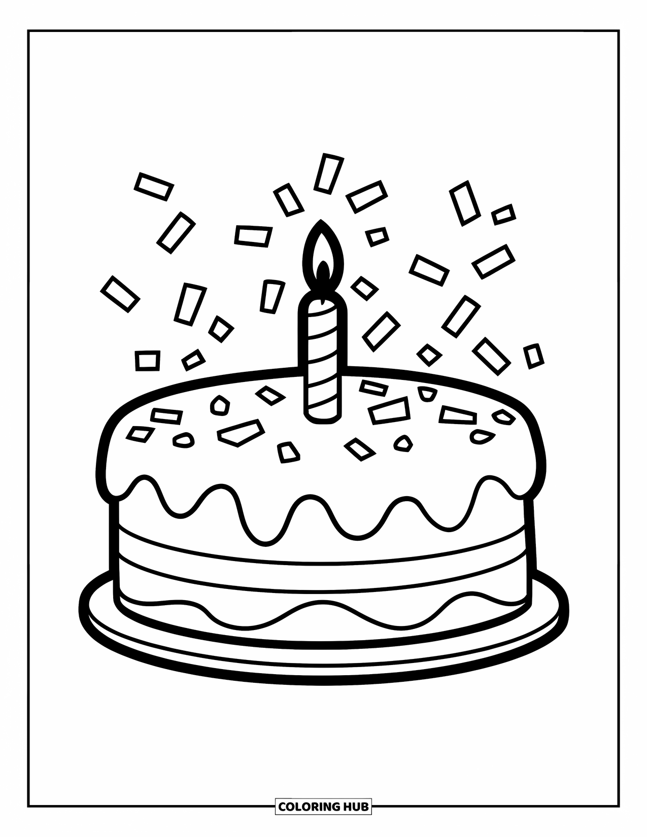 Fiesta Coloring Page for Kids: Round cake with one candle and confetti sprinkled all around