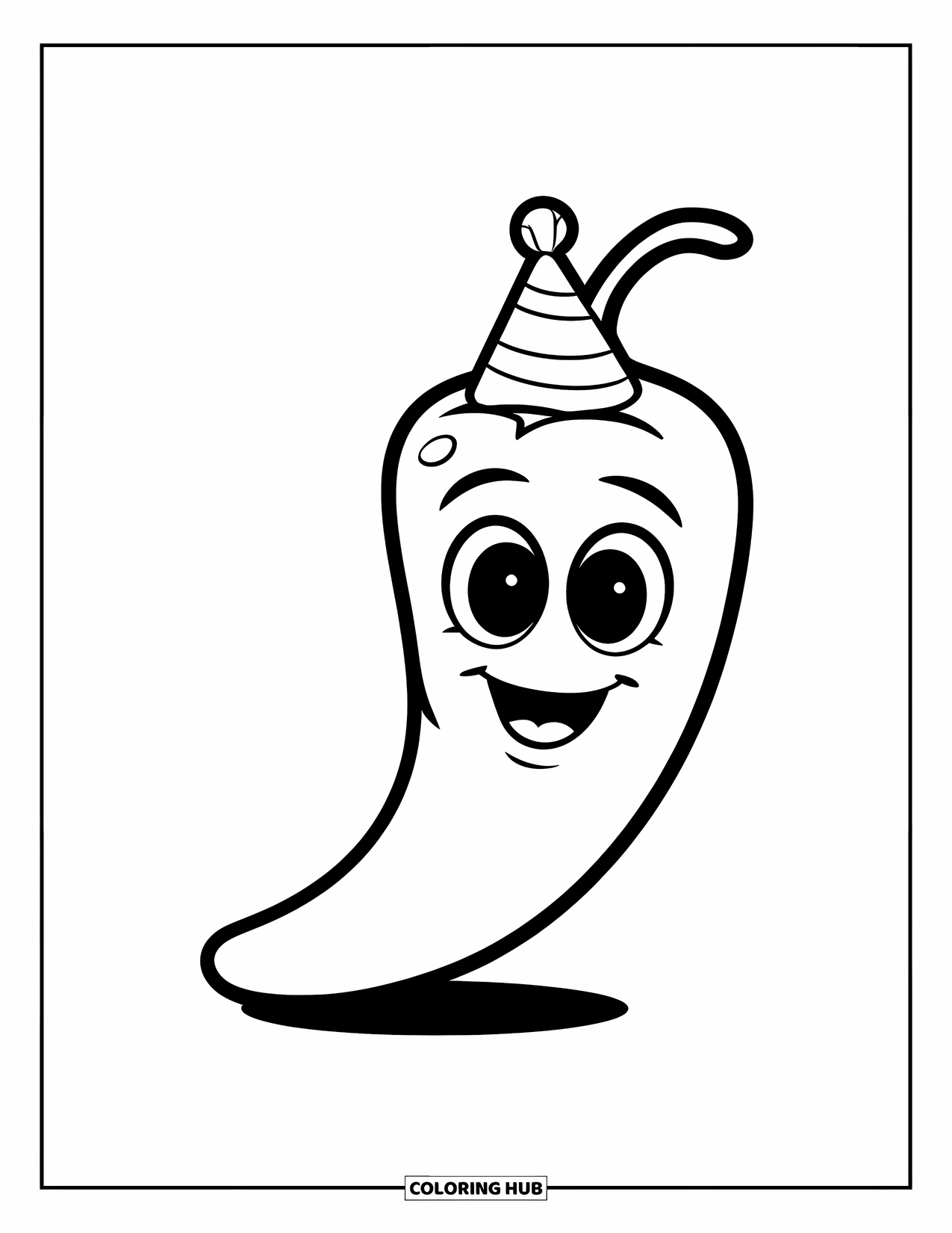 Fiesta Coloring Page for Kids: Smiling chili pepper in a party hat stands with big, cheerful eyes