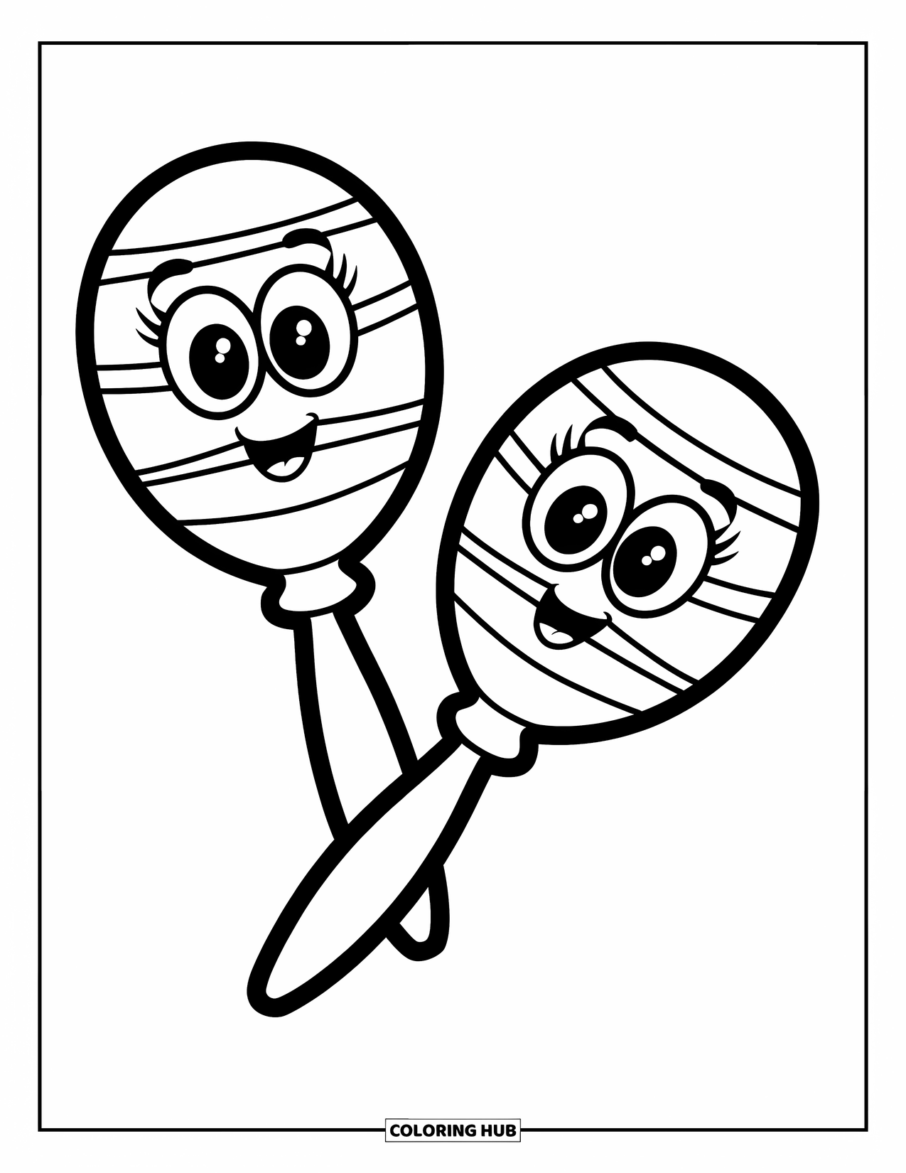 Fiesta Coloring Page for Kids: Smiling maracas with fun stripes and playful expressions