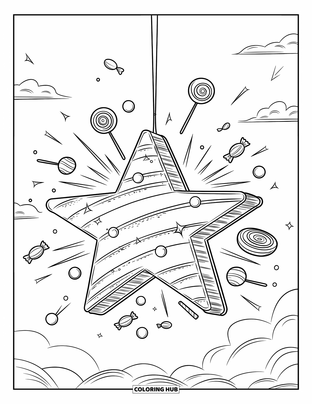 Fiesta Coloring Page for Kids: Star piÒata explodes mid-swing, scattering lollipops, chocolates, and gumballs in the air