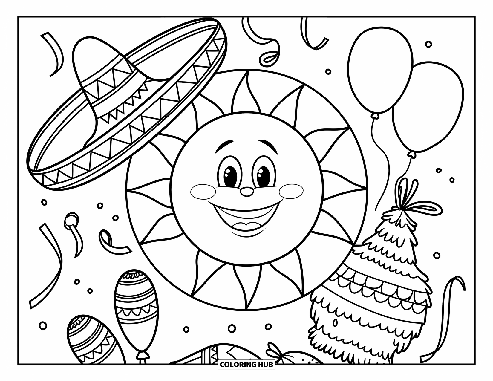 Fiesta Coloring Page for Kids: Sun with a big grin surrounded by balloons, streamers, and party decorations