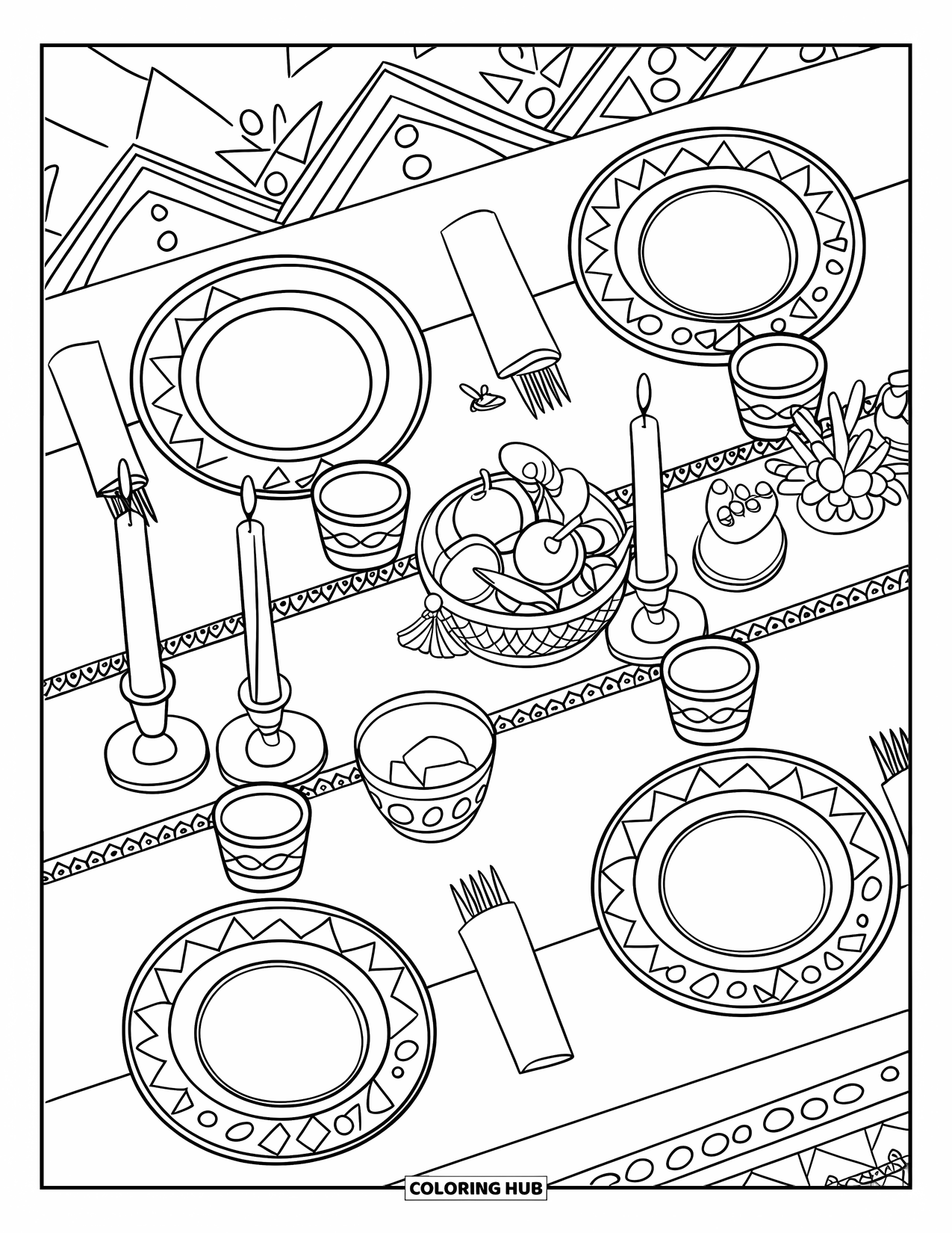 Fiesta Coloring Page for Kids: Table with fruit bowl, candles, and festive dishes set against a patterned background