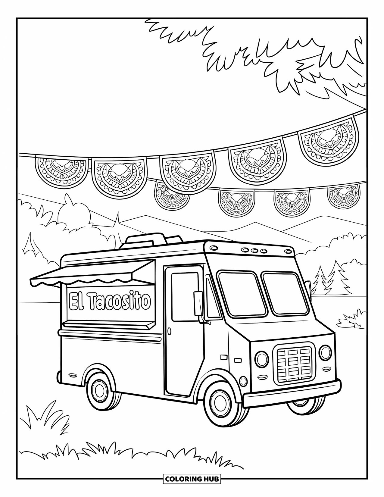 Fiesta Coloring Page for Kids: Taco truck parked under papel picado with mountains and trees in the background