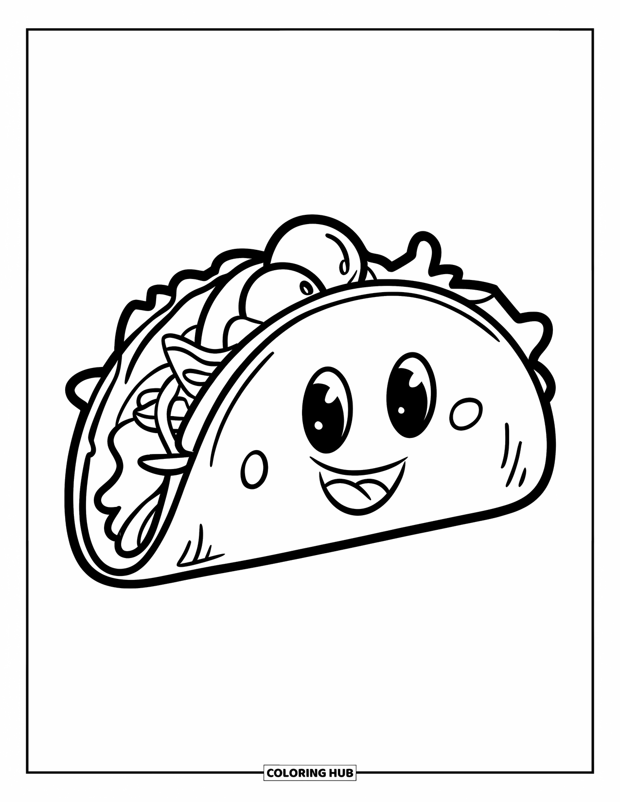 Fiesta Coloring Page for Kids: Taco with a smiling face and toppings shaped like eyes and a mouth