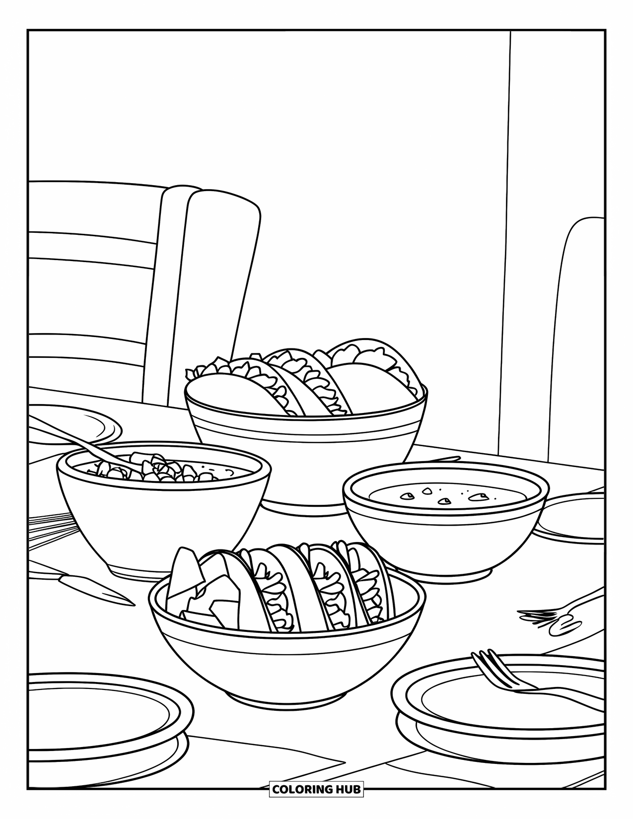 Fiesta Coloring Page for Kids: Tacos, chips, salsa, and empty plates set on a casual table