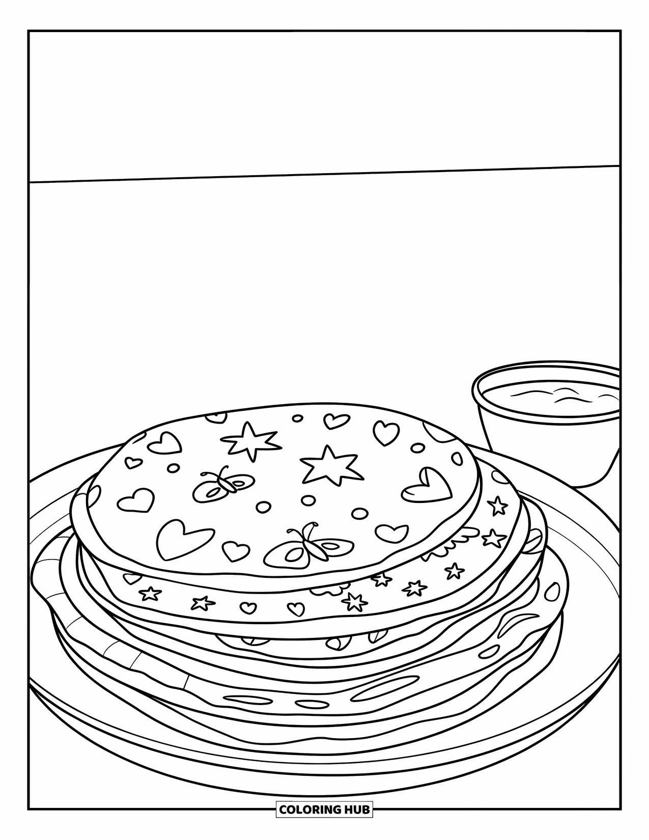 Fiesta Coloring Page for Kids: Tortillas with flowers, stars, and butterflies stacked beside a small sauce container
