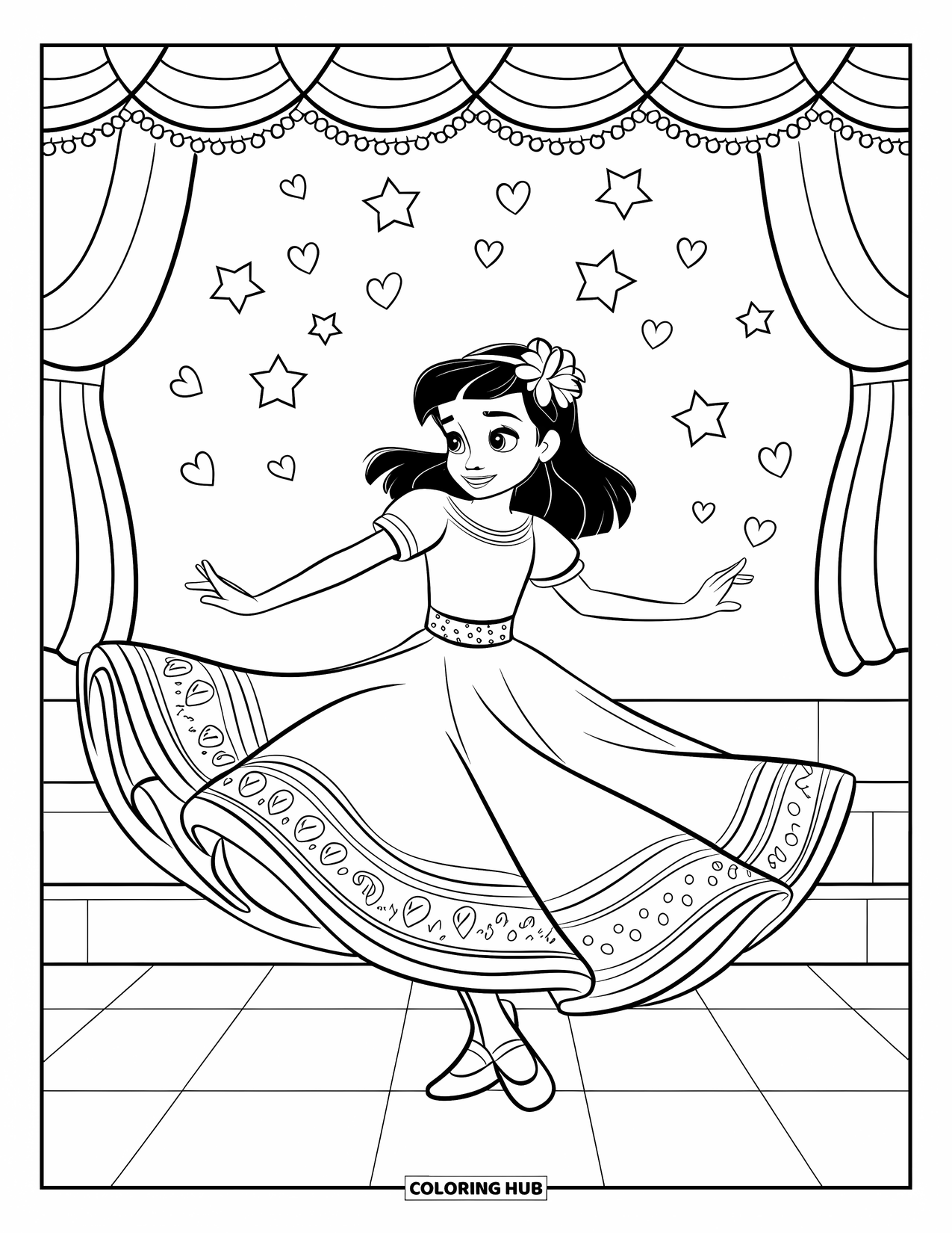Fiesta Coloring Page for Kids: Twirling girl in a flowy dress surrounded by stars and hearts on a stage