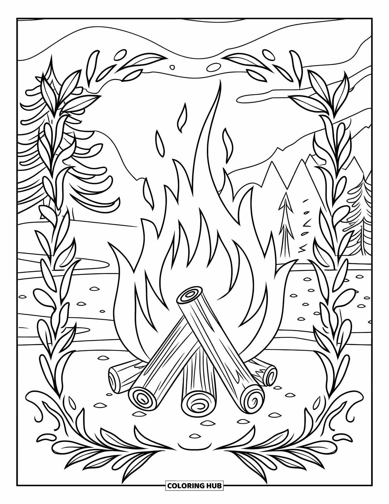 Fire Coloring Page for Adults: A bonfire blazes with swirling botanical borders and mountain scenery in the background