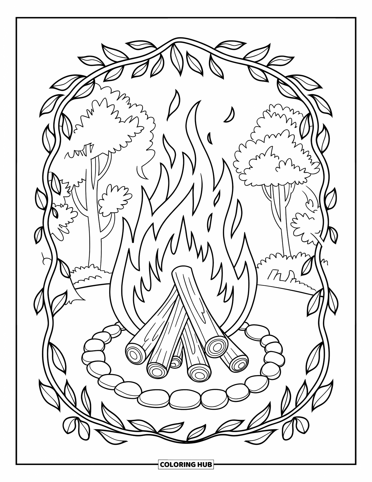 Fire Coloring Page for Adults: A bonfire glows within swirling borders and a stone circle among trees