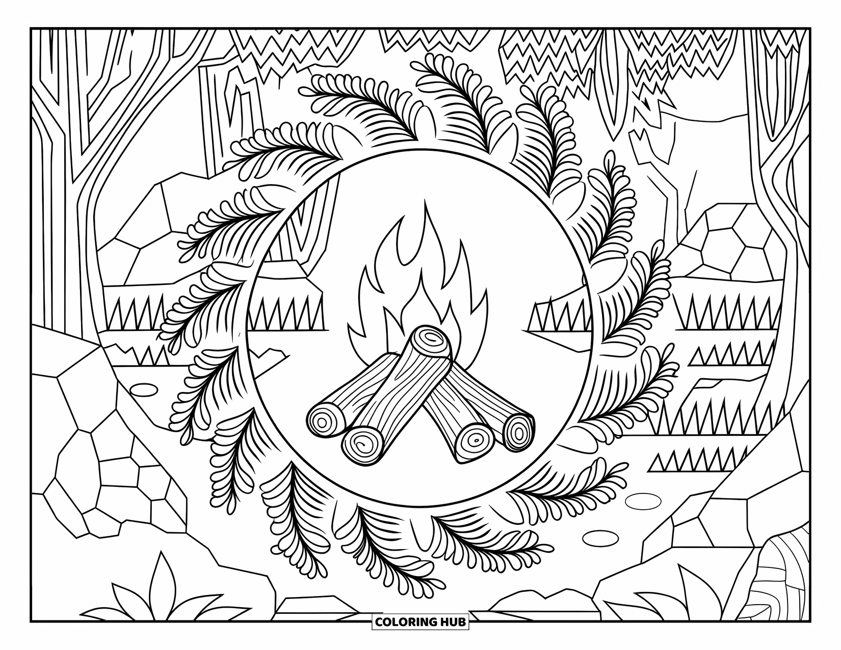 Fire Coloring Page for Adults: A burning log glows inside fern mandalas in a peaceful forest with detailed elements