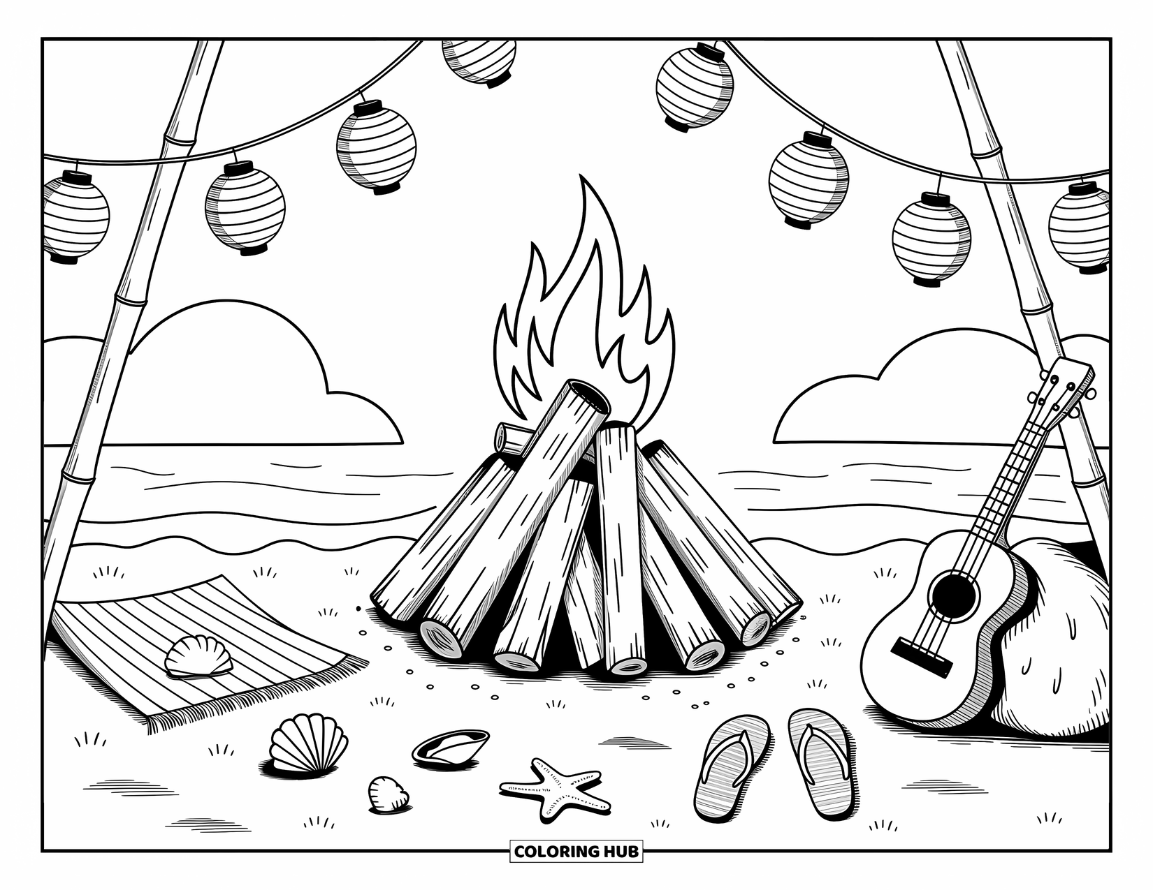 Fire Coloring Page for Adults: A cozy bonfire lights soft sand near flip-flops, seashells, and paper lanterns