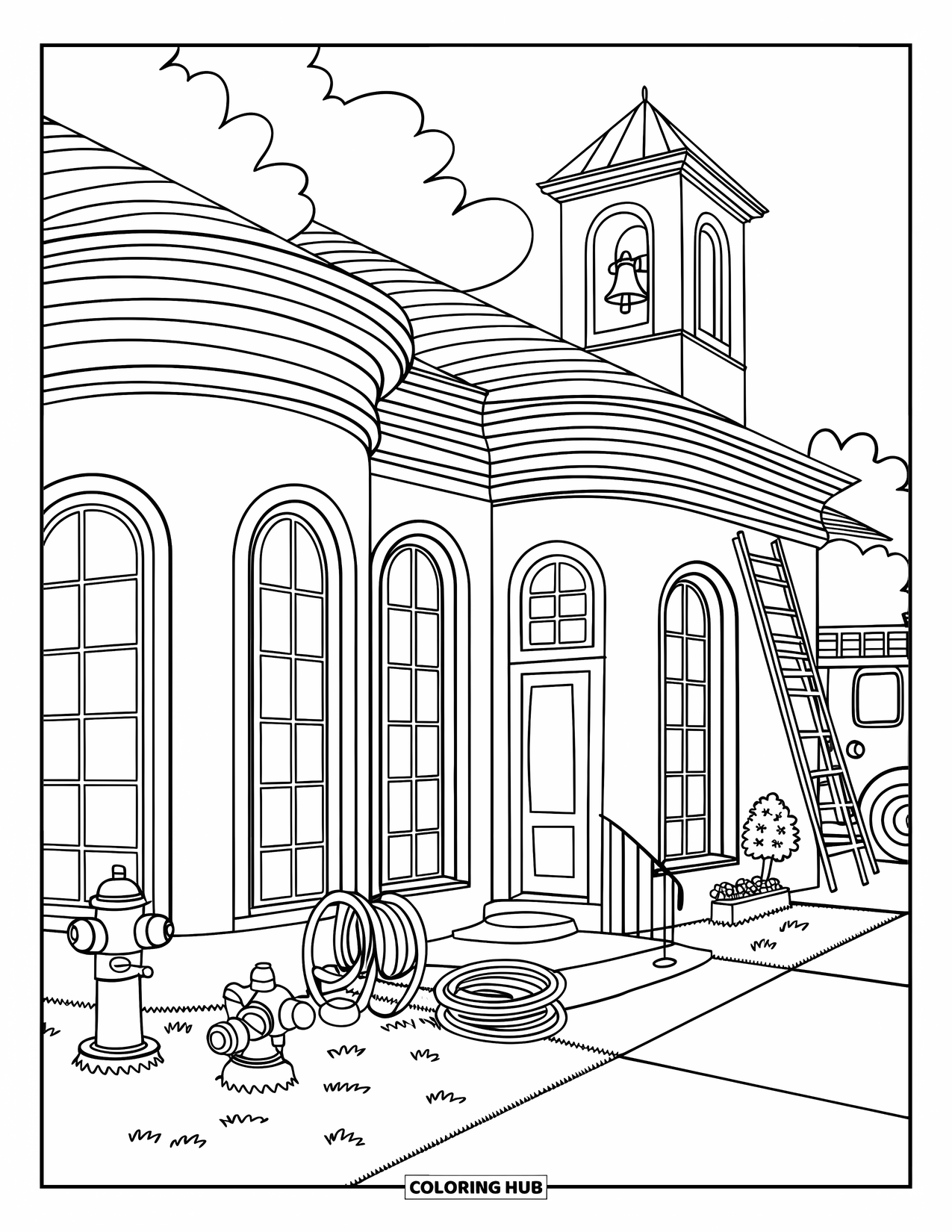 Fire Coloring Page for Adults: A cozy firehouse features big windows, hose, flowers, and a nearby parked fire truck